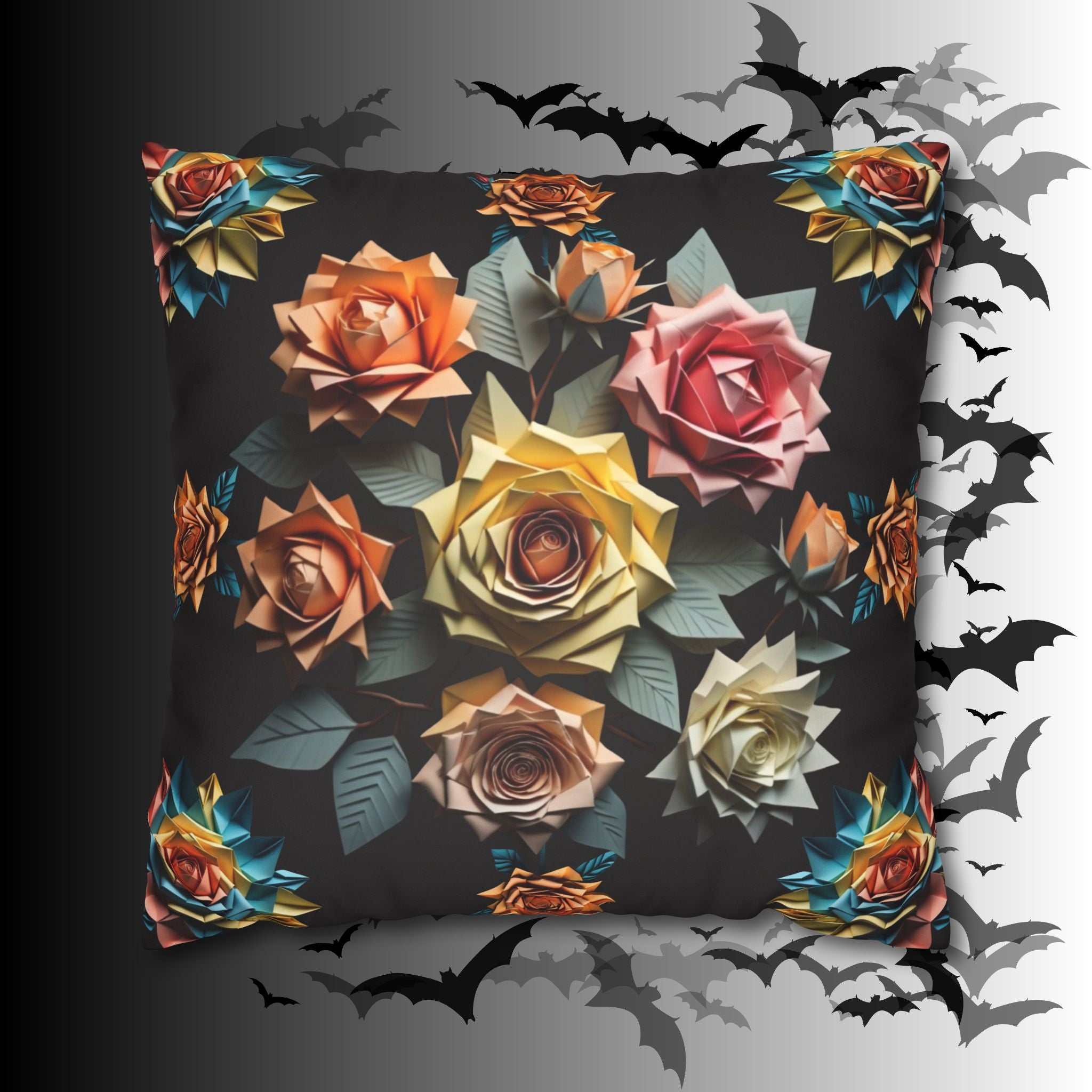 Gothic Origami Rose Throw Pillow — Dark Floral Botanical Home Decor