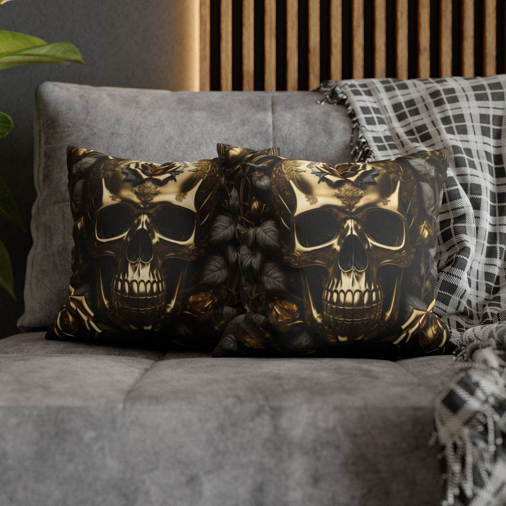 Gothic Gold Black Rose Skull Throw Pillow — Dark Floral Botanical Home Decor