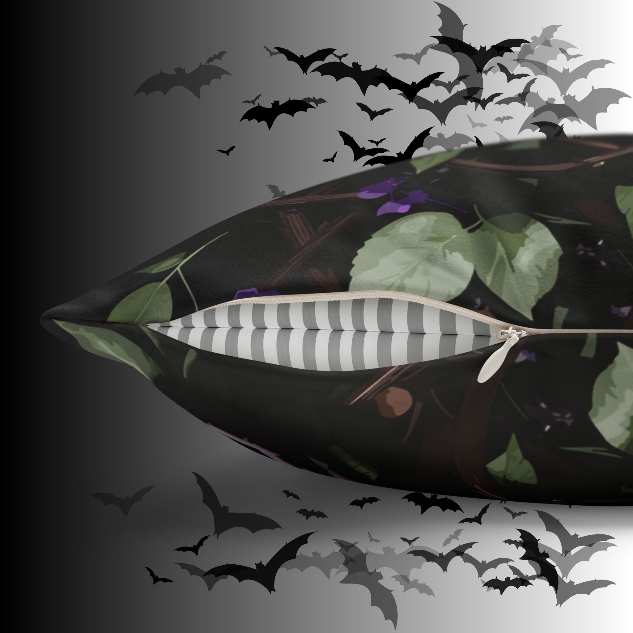 Gothic Black Purple Skull Throw Pillow — Dark Floral Botanical Home Decor