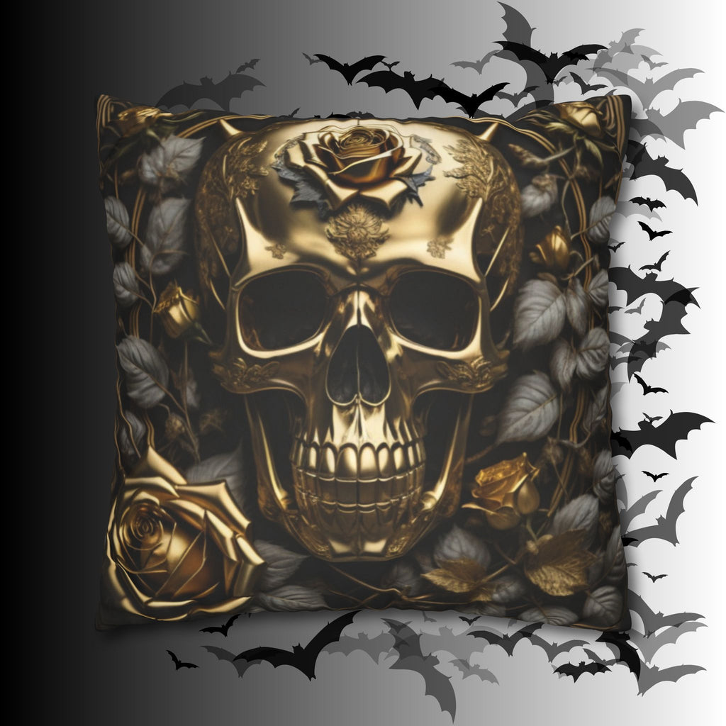 Gothic Gold Black Rose Skull Throw Pillow — Dark Floral Botanical Home Decor