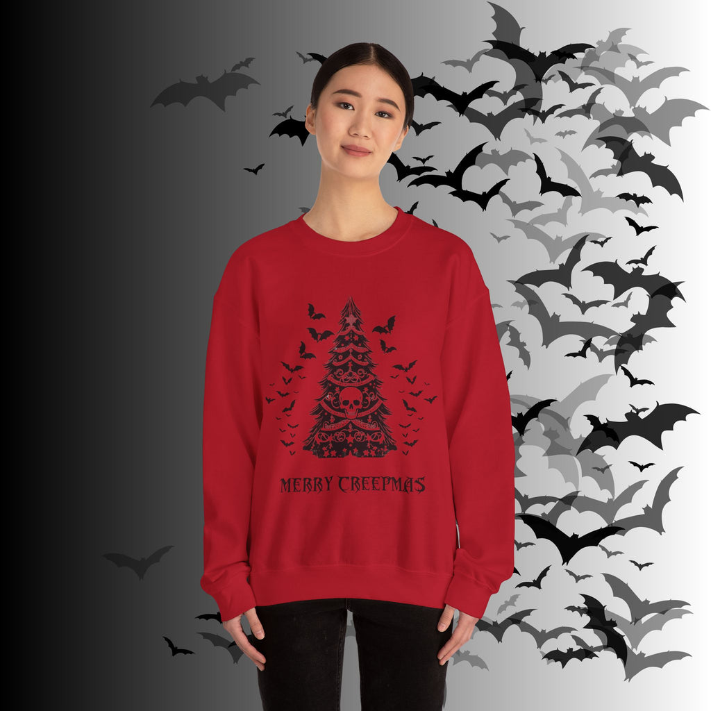 Merry Creepmas Tree Crewneck Sweatshirt — Gothic Christmas Skull Bat