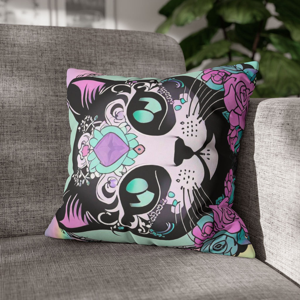 Pastel Goth Sugar Skull Cat Throw Pillow — Floral Gothic Home Decor