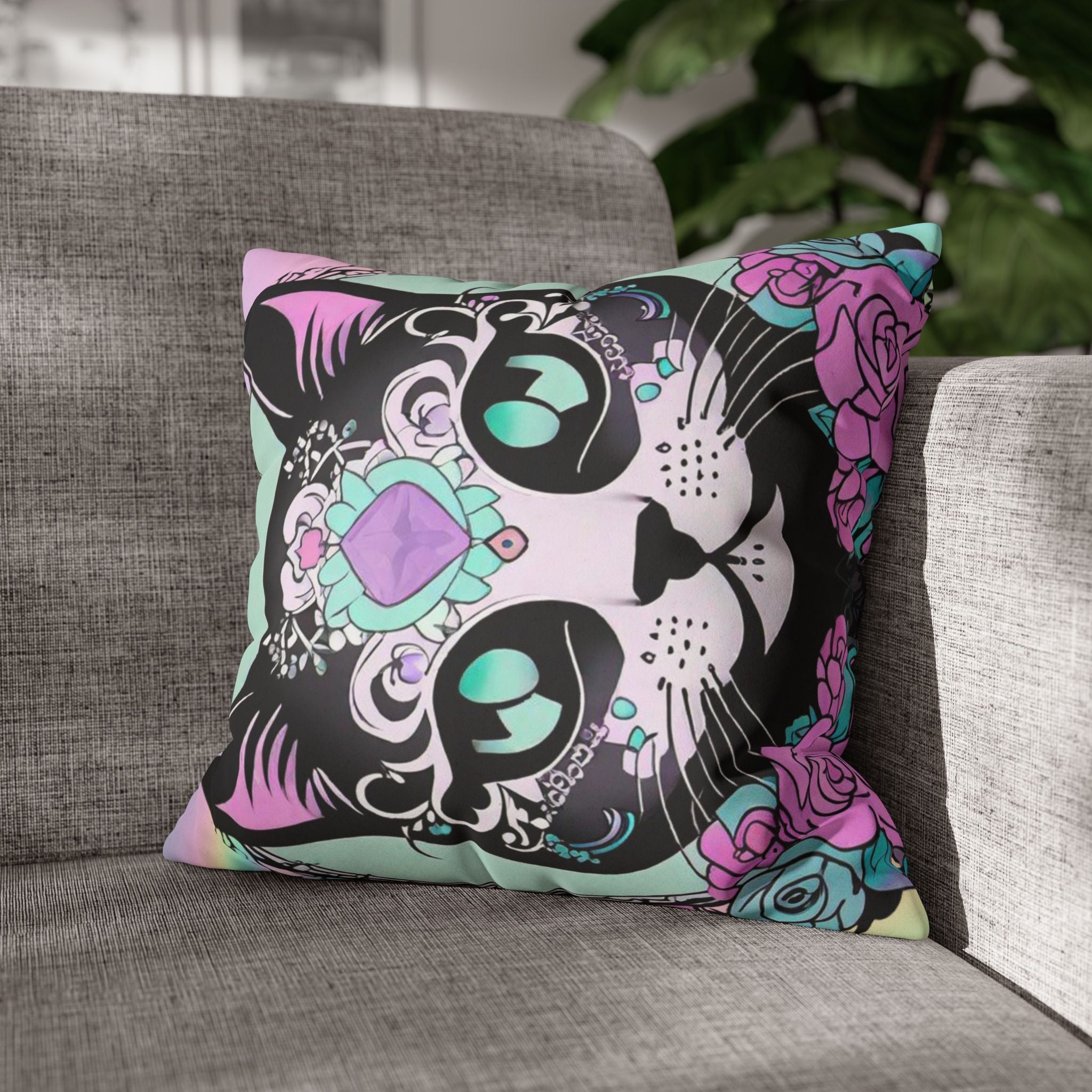 Pastel Goth Sugar Skull Cat Throw Pillow — Floral Gothic Home Decor