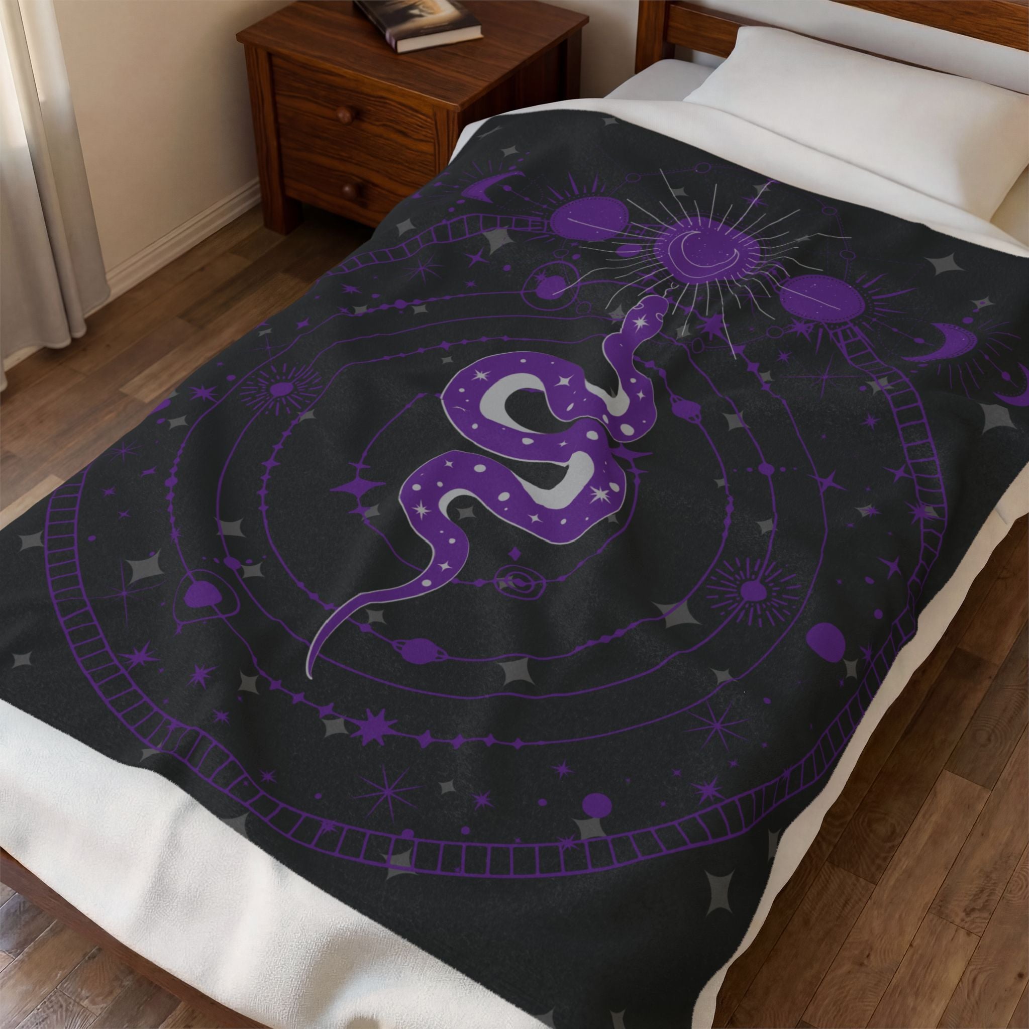 Gothic Celestial Snake Moon Phase Throw Blanket — Purple & Black Witchy Decor
