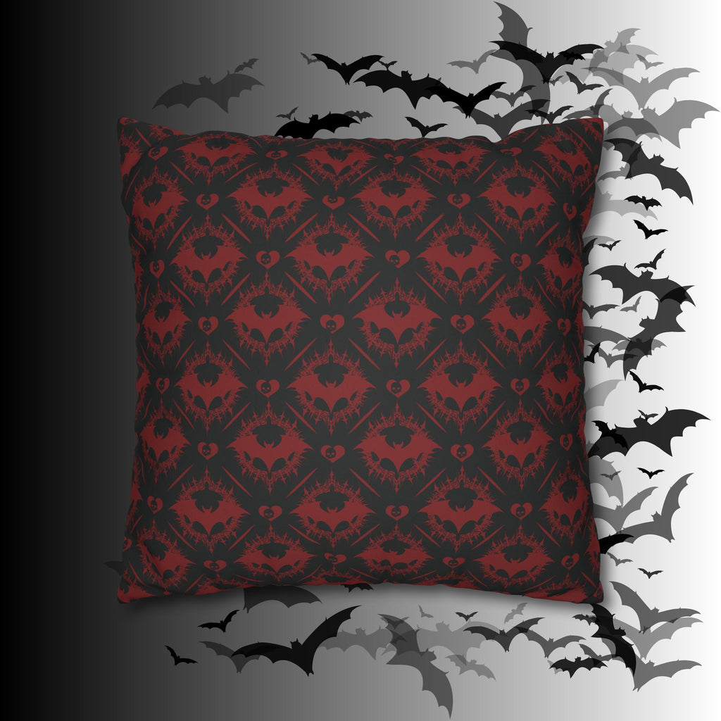 Gothic Bat Diamond Pattern Throw Pillow — Midnight Black Dark Home Decor