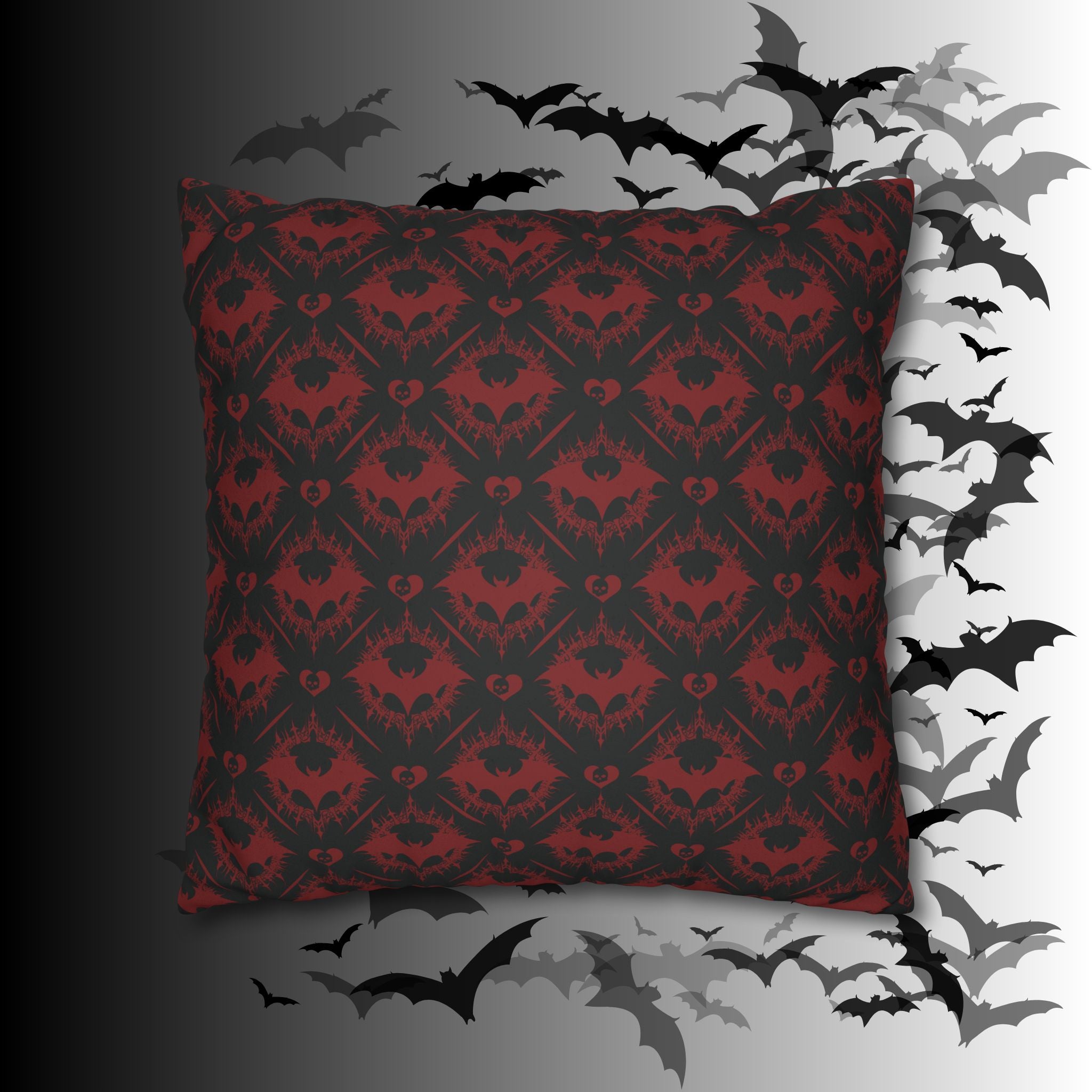 Gothic Bat Diamond Pattern Throw Pillow — Midnight Black Dark Home Decor