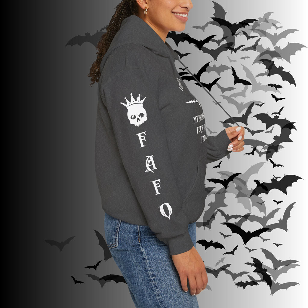 I Identify As a Threat Hoodie — Gothic Skull Sleeve Print FAFO Black