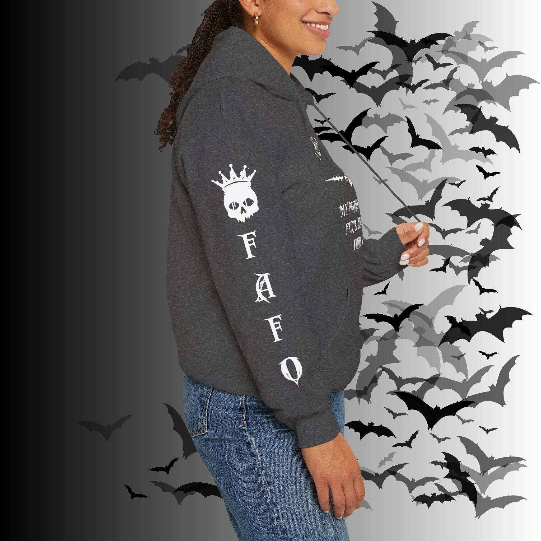 I Identify As a Threat Hoodie — Gothic Skull Sleeve Print FAFO Black