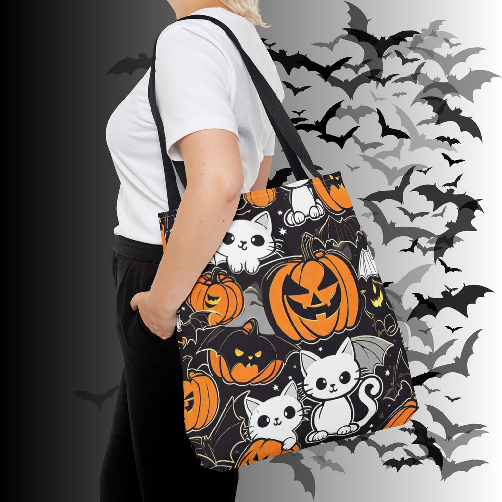 Kawaii Bat Cat Halloween Tote Bag — Dark Pumpkin Pattern