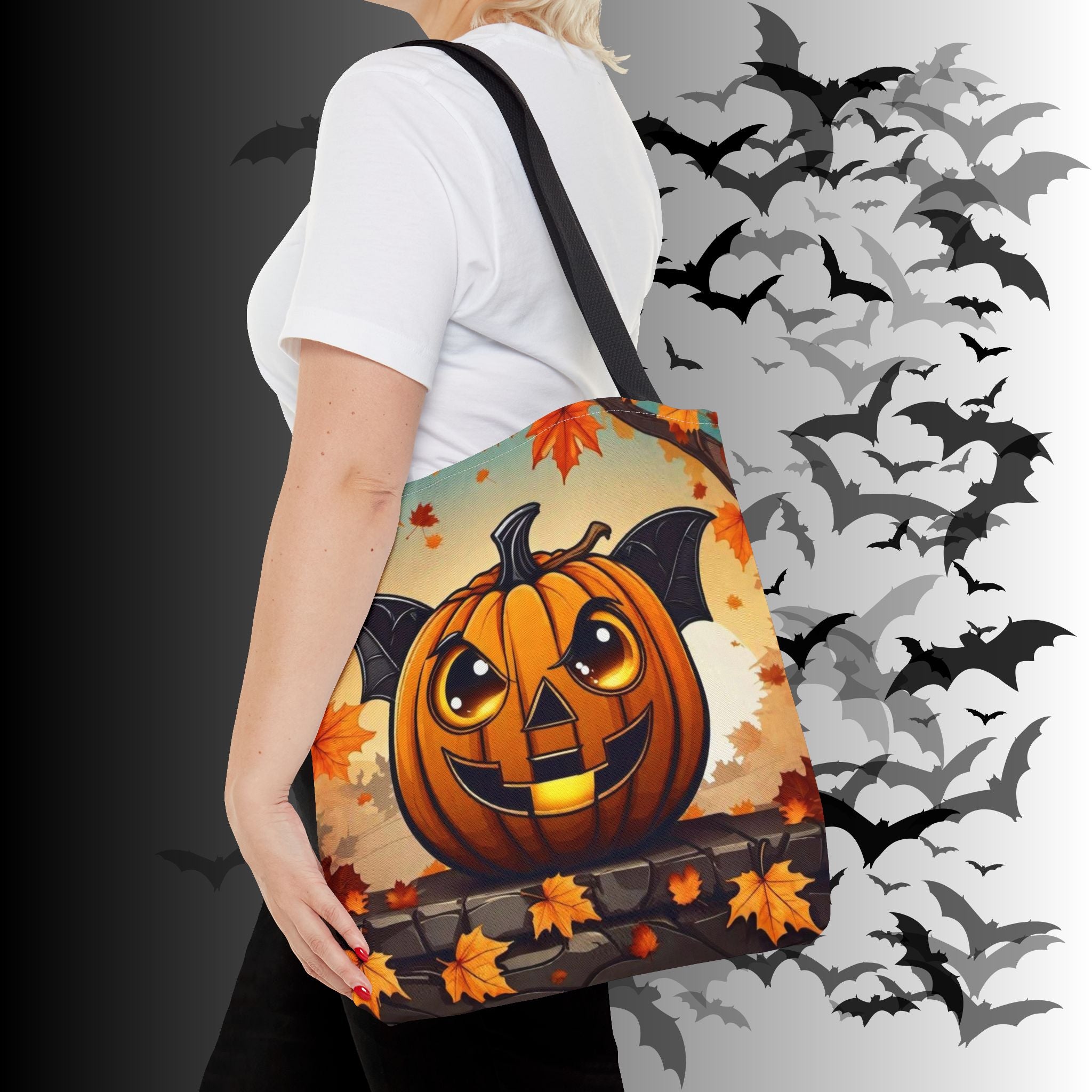 Bat Wing Jack-o'-Lantern Halloween Tote Bag — Autumn Leaves Print