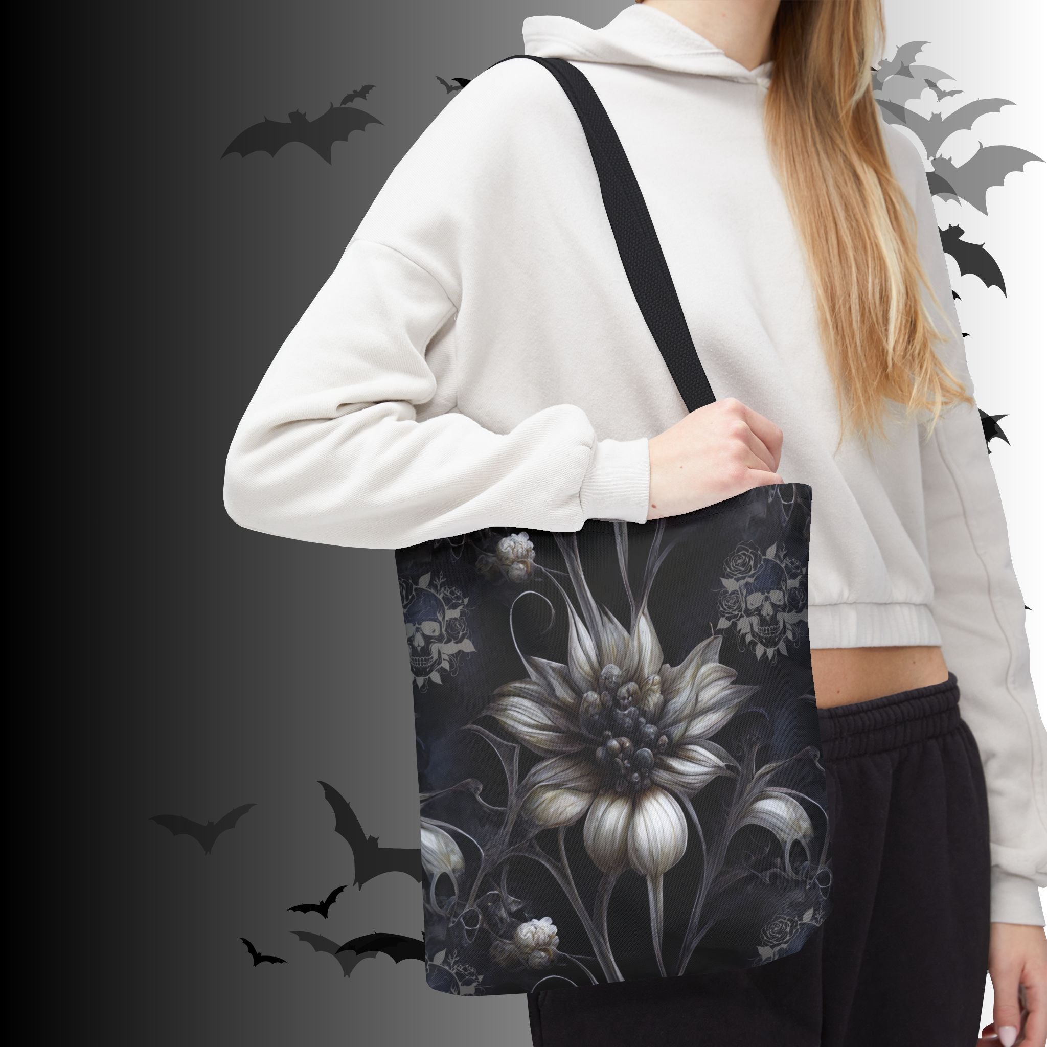 Gothic Botanical Skull Tote Bag — Dark Floral All-Over Print