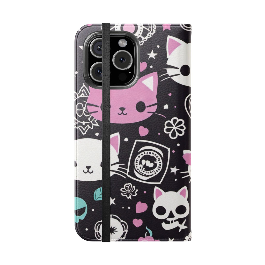 Pastel Goth Cat Flip Wallet Phone Case - Goth Cat Wallet Case for Samsung iPhone - Gothic Style Cats Wallet Phone Cases