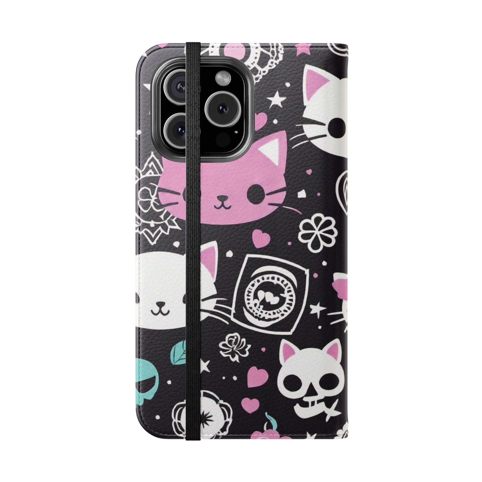 Pastel Goth Cat Flip Wallet Phone Case - Goth Cat Wallet Case for Samsung iPhone - Gothic Style Cats Wallet Phone Cases