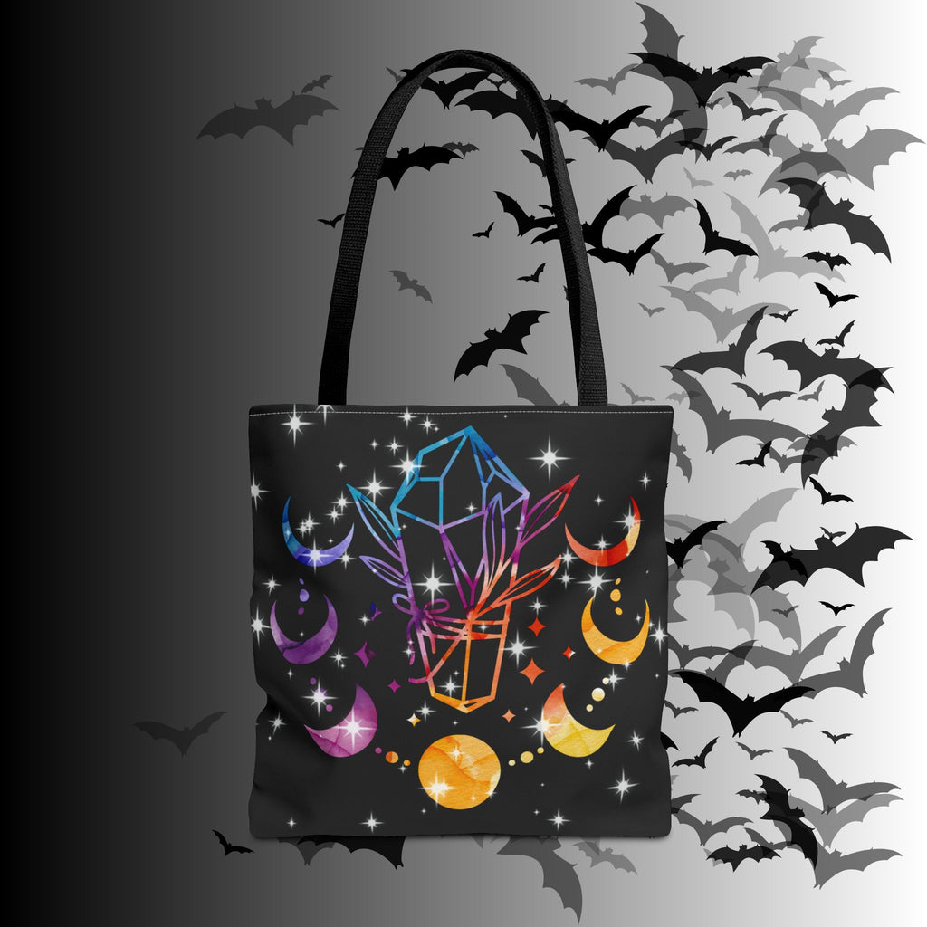 Rainbow Crystal Moon Phase Tote Bag — Celestial Witchy Print