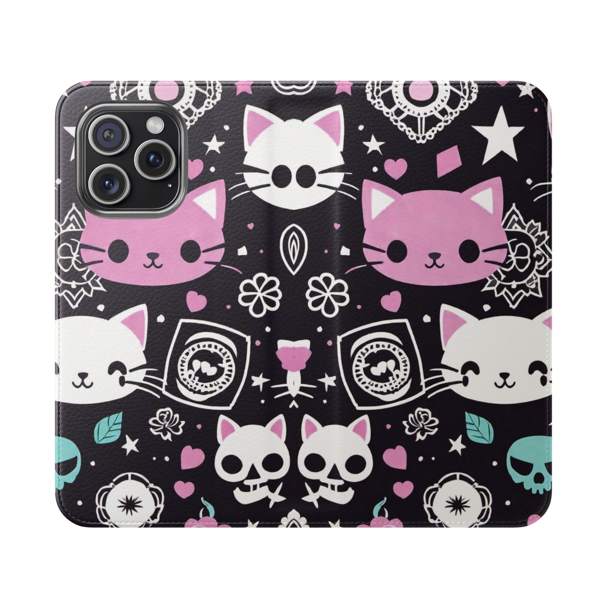 Pastel Goth Cat Flip Wallet Phone Case - Goth Cat Wallet Case for Samsung iPhone - Gothic Style Cats Wallet Phone Cases