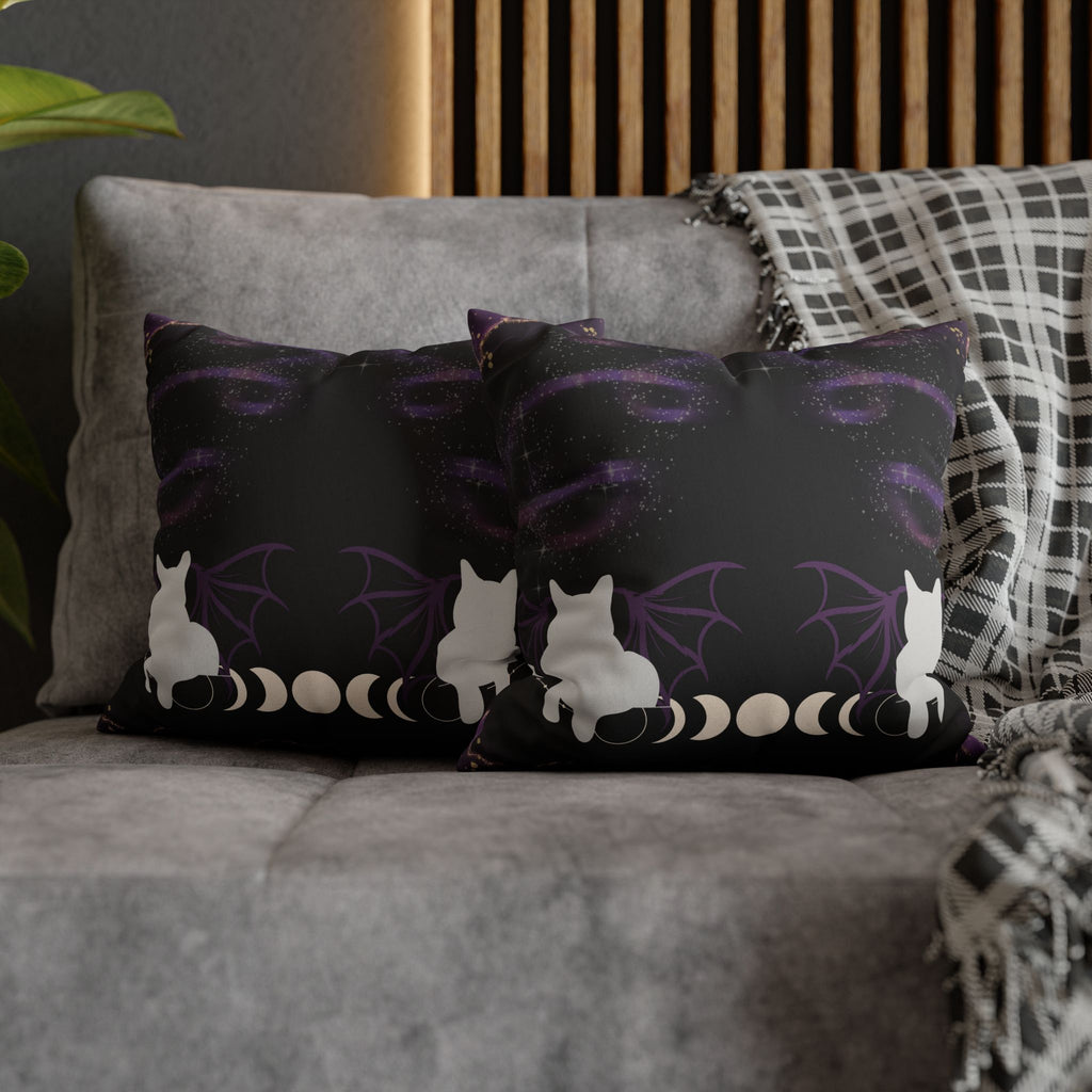 Gothic Bat Wing Cat Moon Phases Throw Pillow — Purple Celestial Dark Home Decor