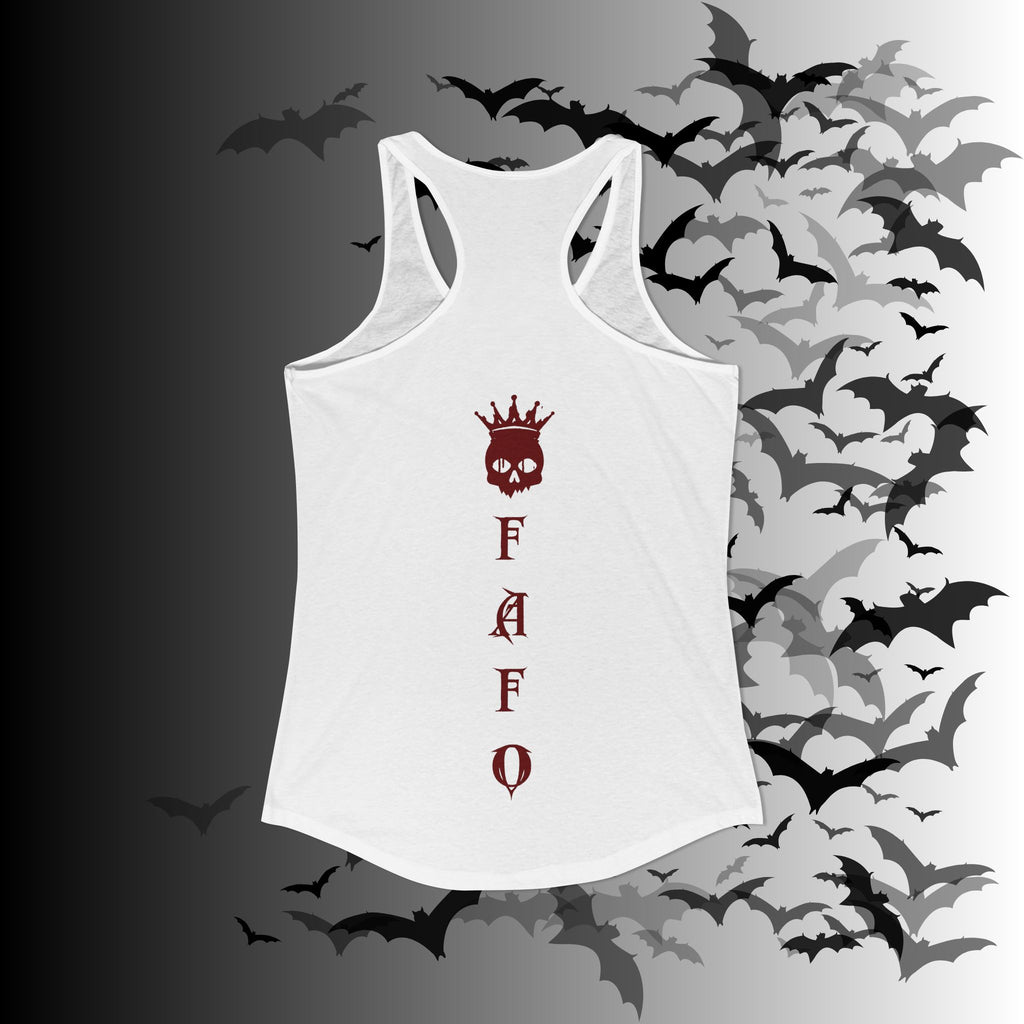 "FAFO" I Identify As A Threat Racerback Tank Top — White Print Front & Back