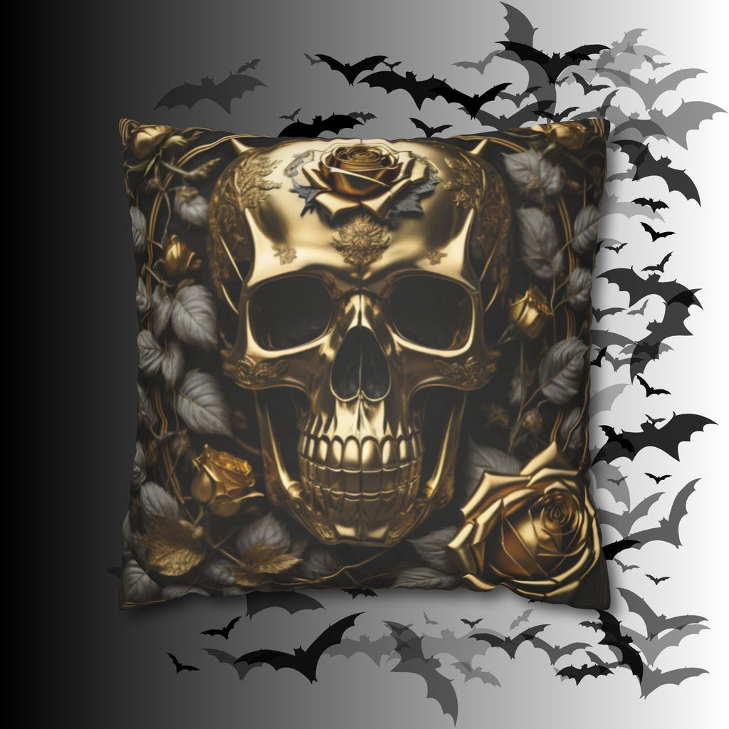 Gothic Gold Black Rose Skull Throw Pillow — Dark Floral Botanical Home Decor