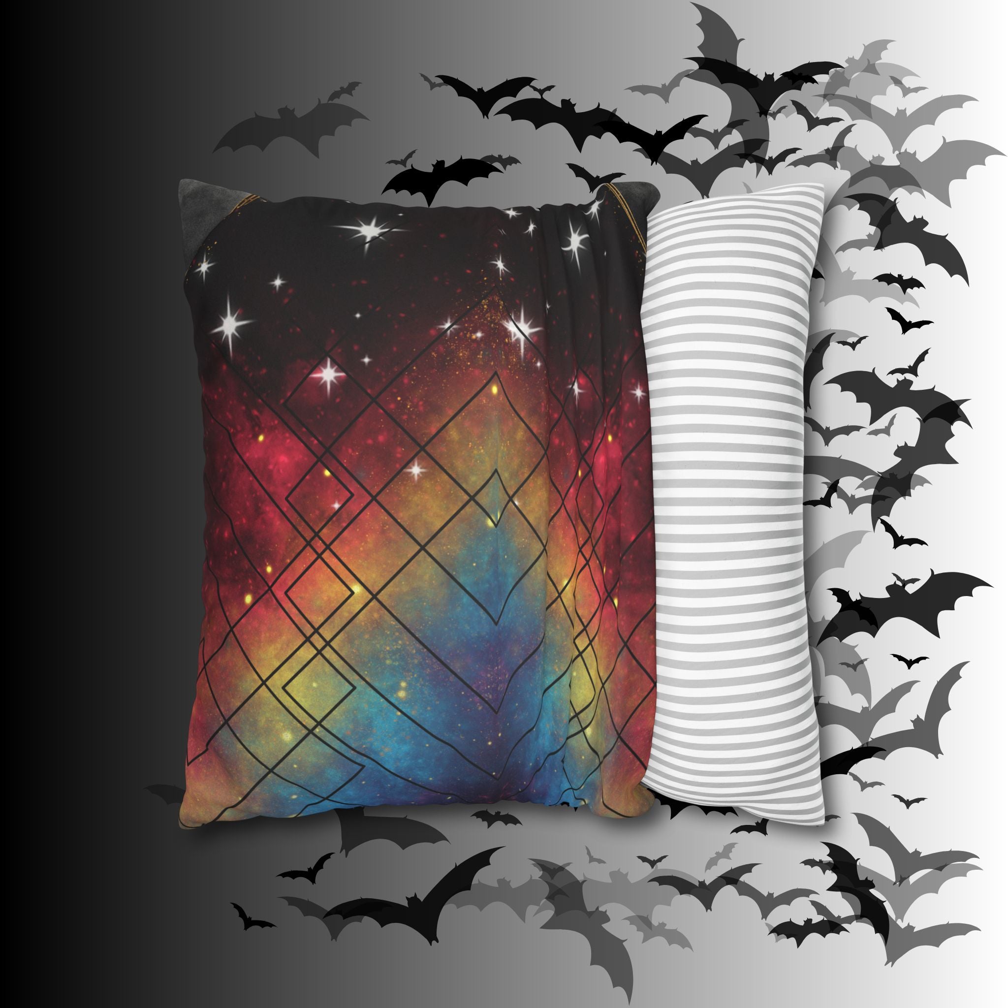 Rainbow Galaxy Geometric Throw Pillow — Celestial Cosmic Dark Home Decor