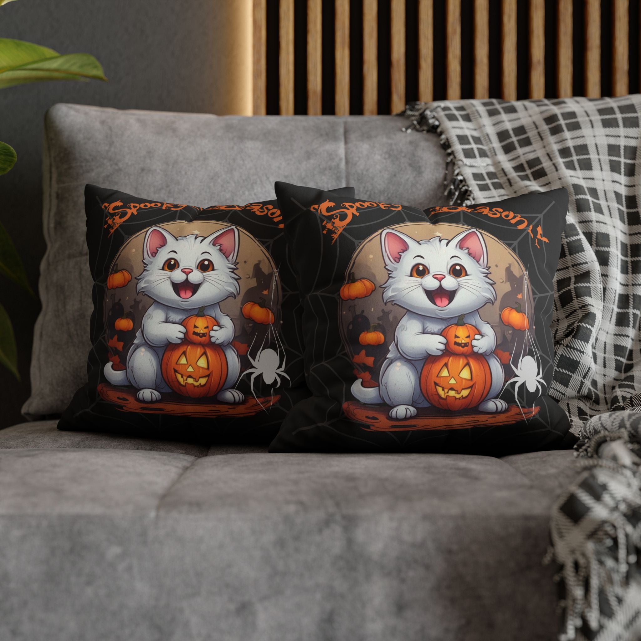Spooky Season Cat Halloween Throw Pillow — Pumpkin Dark Home Decor