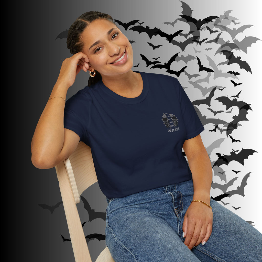 "Have The Day That You Deserve" Botanical Skull T-Shirt — Tonal Gothic Back Print