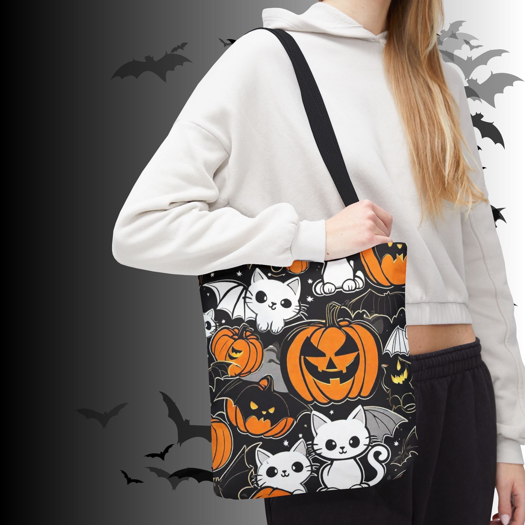 Kawaii Bat Cat Halloween Tote Bag — Dark Pumpkin Pattern