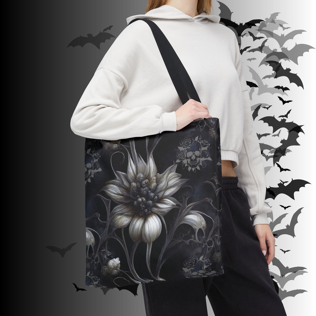 Gothic Botanical Skull Tote Bag — Dark Floral All-Over Print