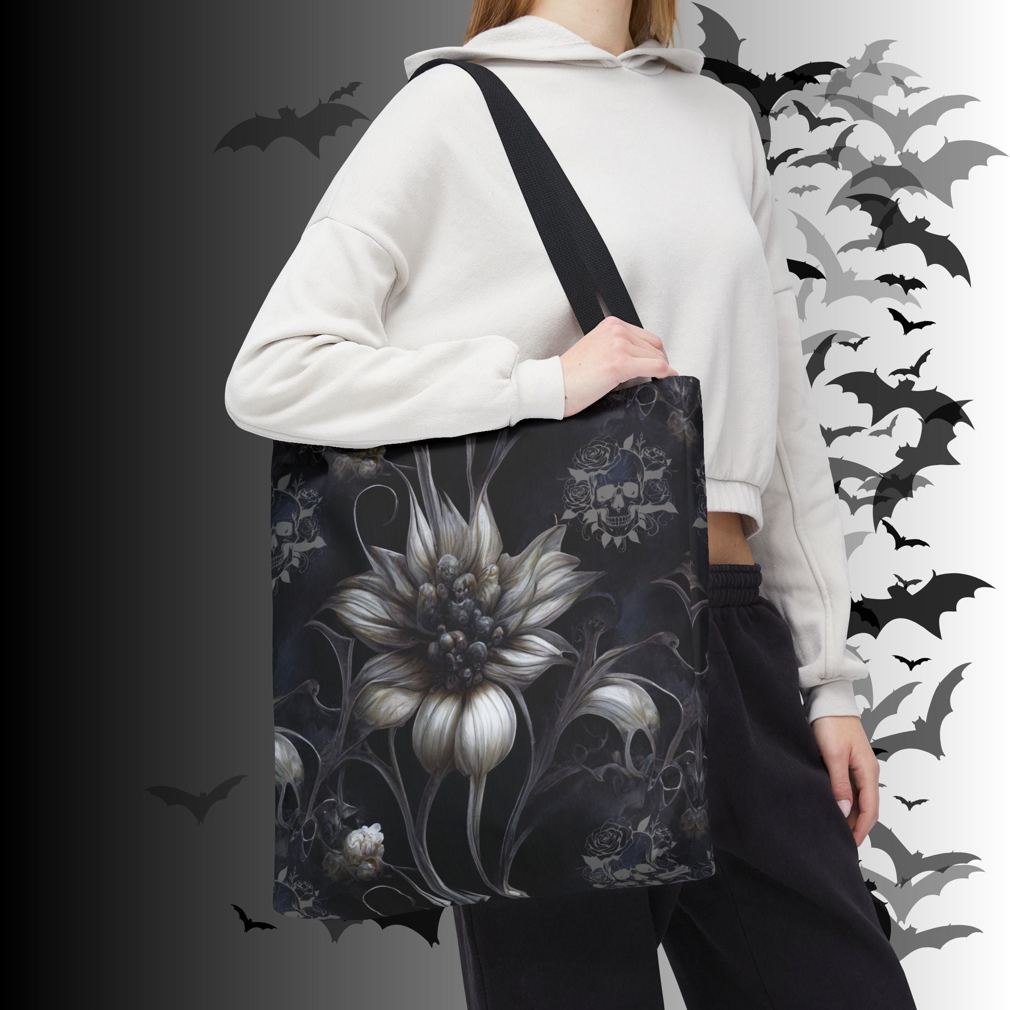 Gothic Botanical Skull Tote Bag — Dark Floral All-Over Print