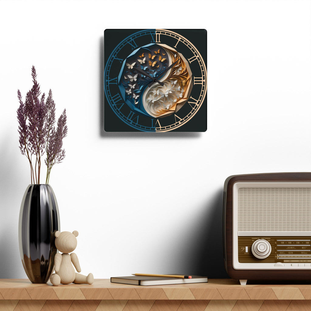 Origami Style Yin Yang Butterfly Acrylic Art Print Wall Clock Blue Gold — NOT Real Origami, Zen Home Decor
