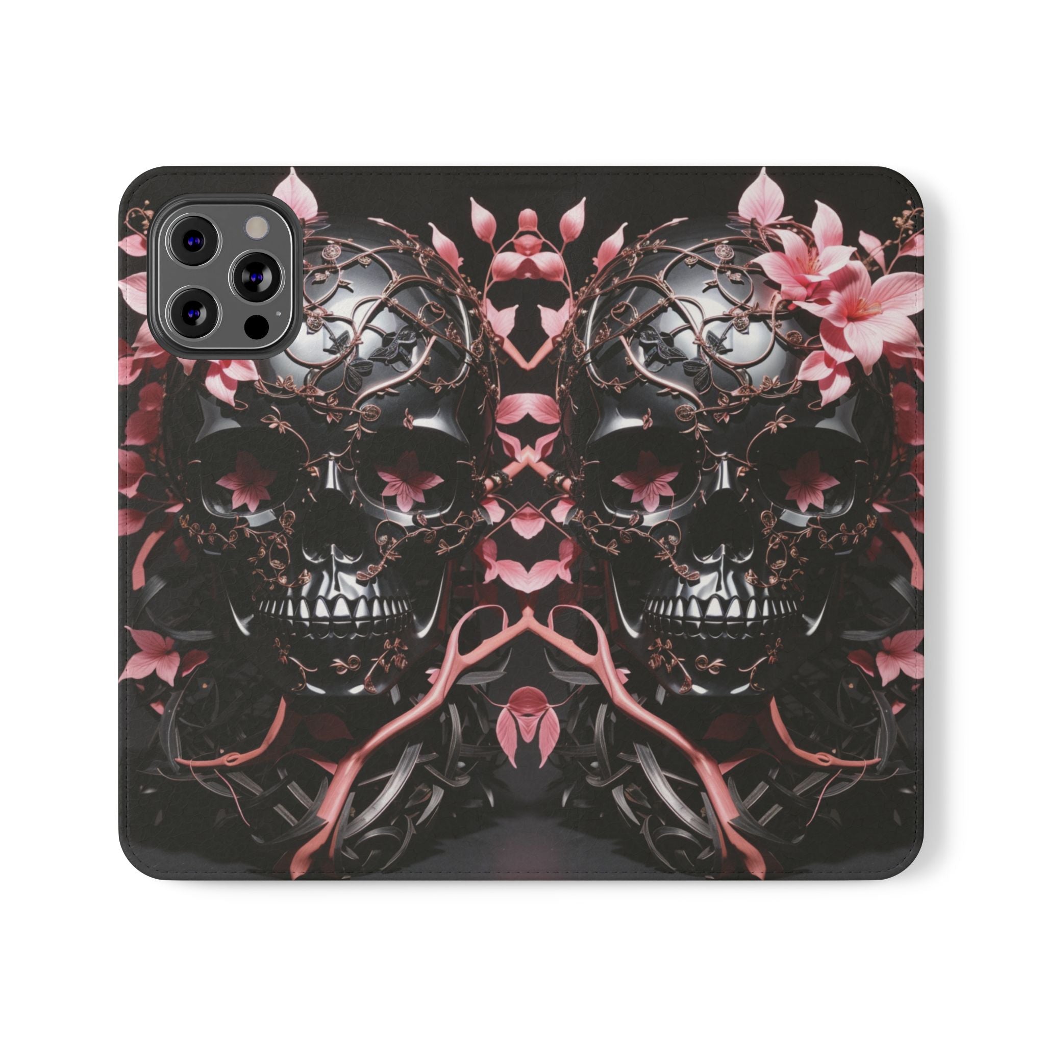 Pink Pastel Goth Skull Flip Wallet Phone Case - Skull Wallet Case for Samsung iPhone - Gothic Style Skull Wallet Phone Cases