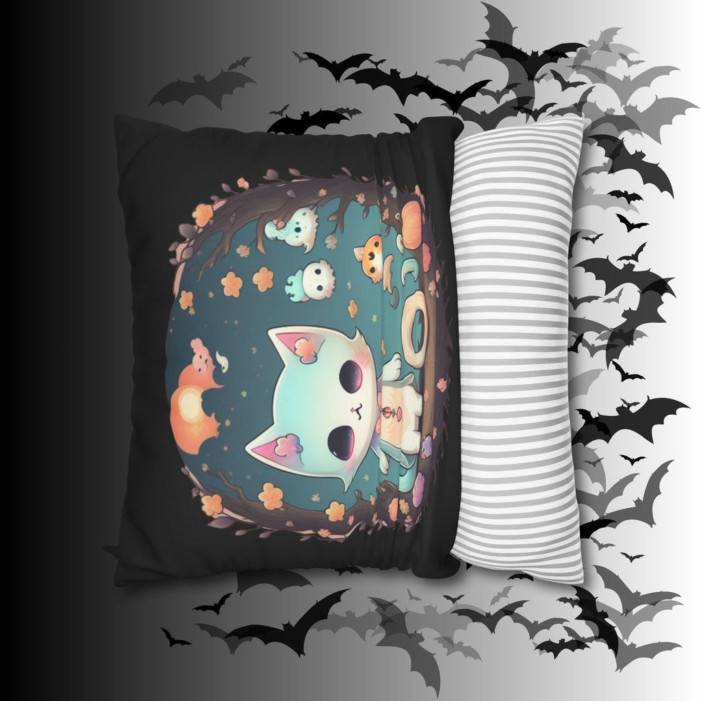 Creepy Cute Pastel Goth Cat Throw Pillow — Kawaii Halloween Dark Home Decor