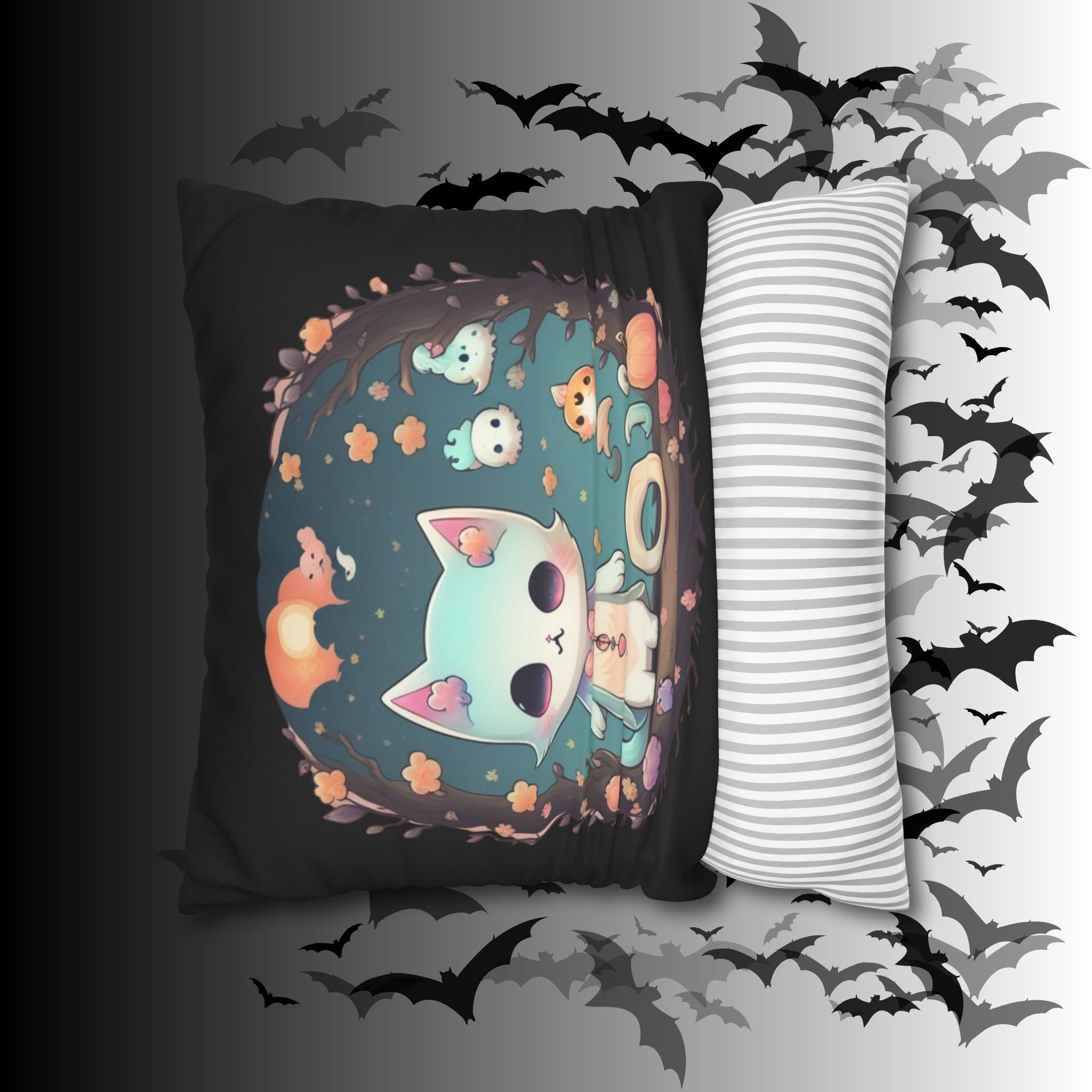 Creepy Cute Pastel Goth Cat Throw Pillow — Kawaii Halloween Dark Home Decor