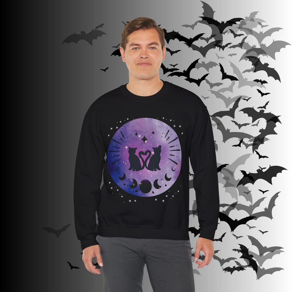 Celestial Twin Cats Heart Moon Crewneck Sweatshirt — Witchy Moon Phase