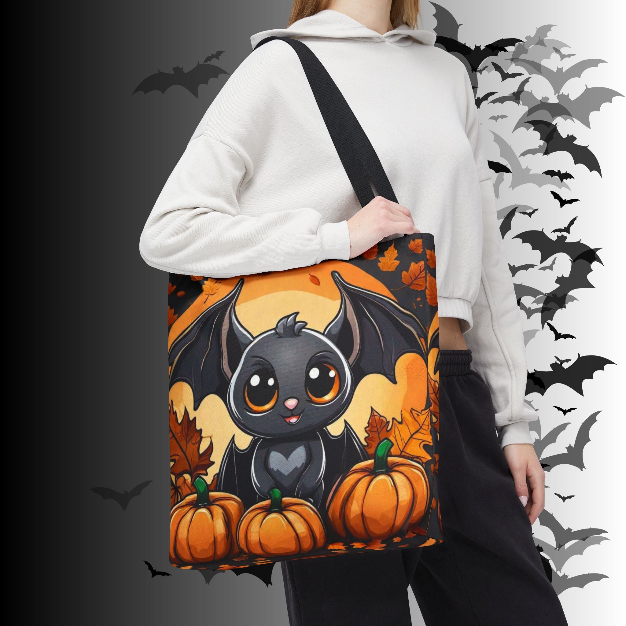 Kawaii Bat & Pumpkin Halloween Tote Bag — Autumn Full Moon Print
