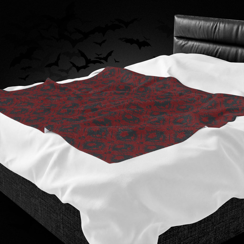 Gothic Bat & Skull Heart Throw Blanket — Crimson Red Colorway