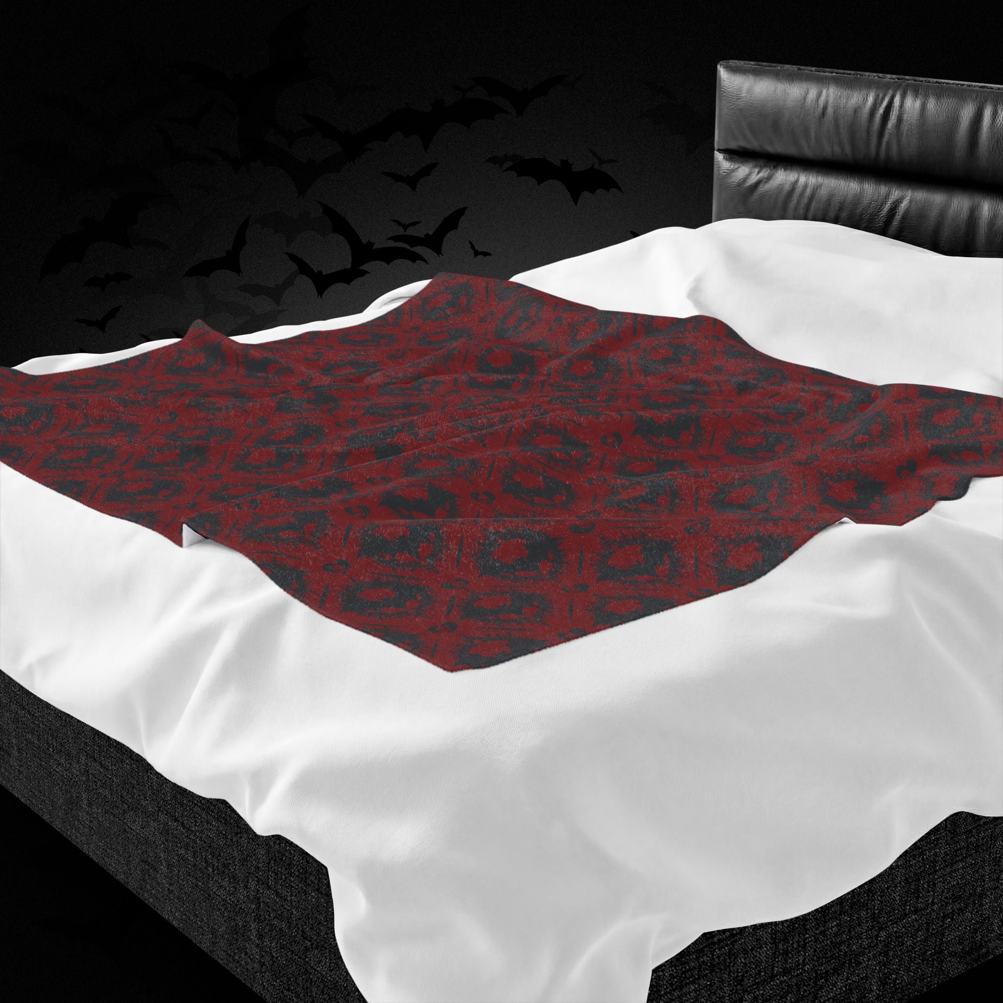 Gothic Bat & Skull Heart Throw Blanket — Crimson Red Colorway