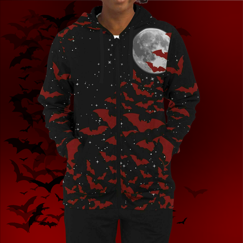 Black hoodie with red bat pattern and moon design on a dark red background