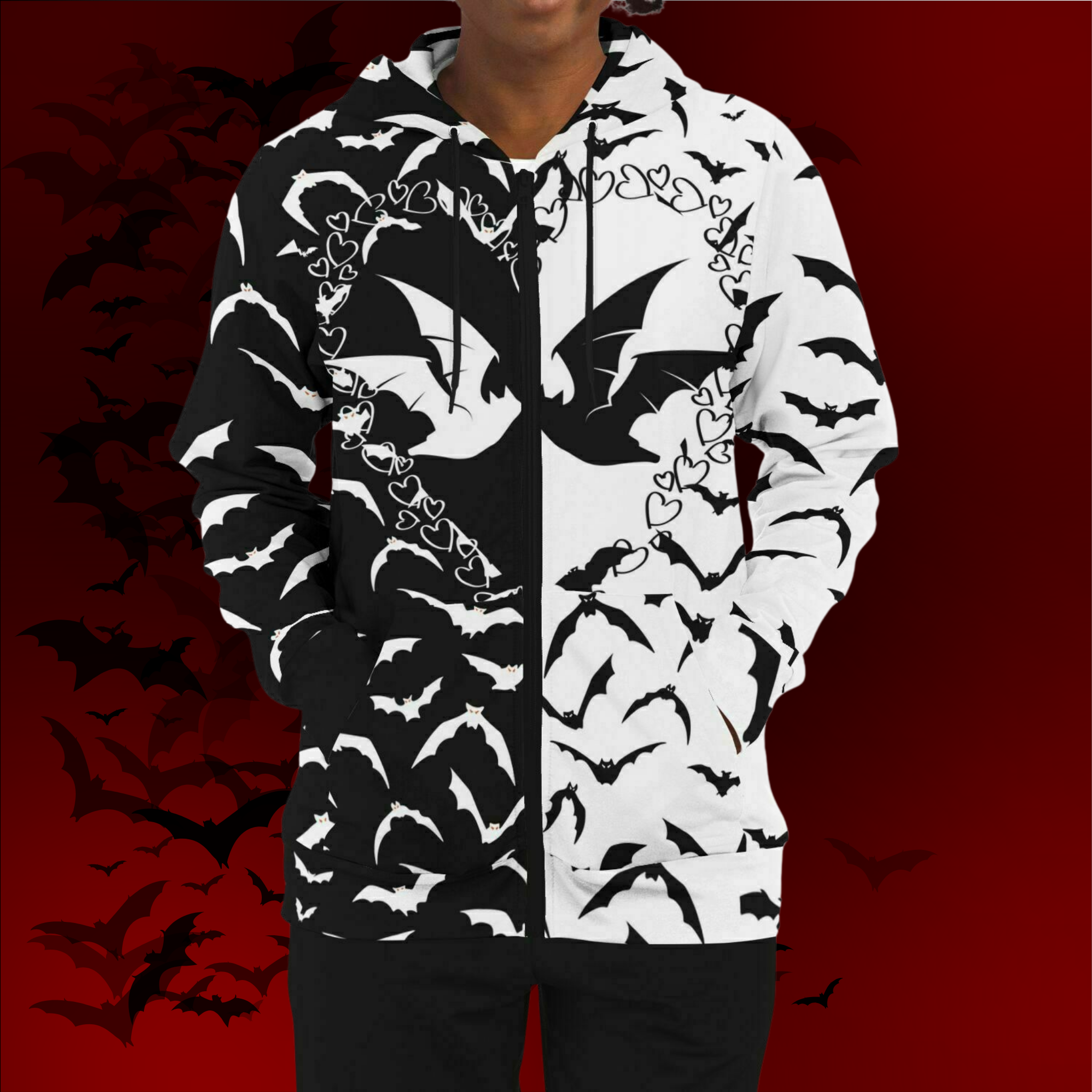 Black & White Bat All Over Print Zip Hoodie