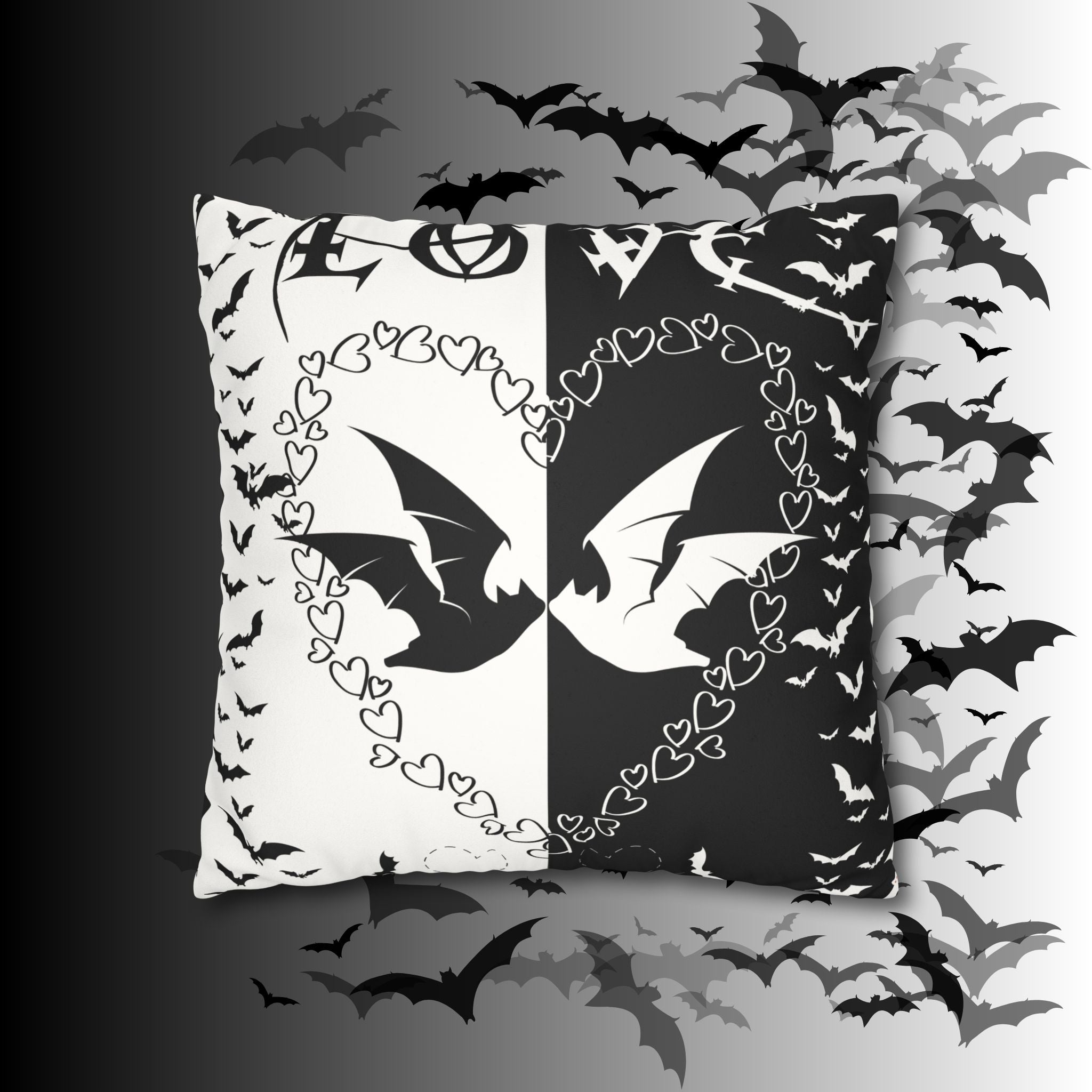 Gothic Bats Heart Throw Pillow — Black White Halloween Dark Home Decor