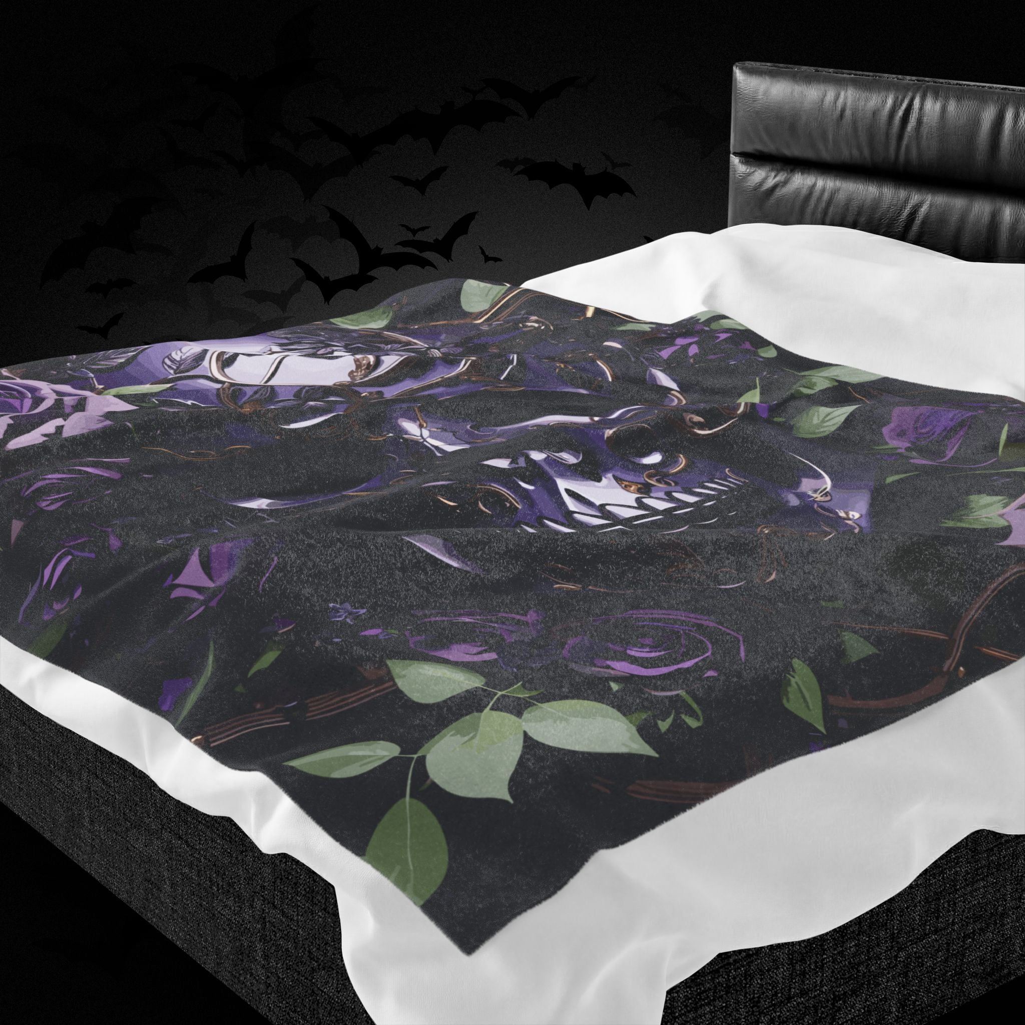 Gothic Black & Purple Botanical Skull Throw Blanket — Dark Floral Home Decor