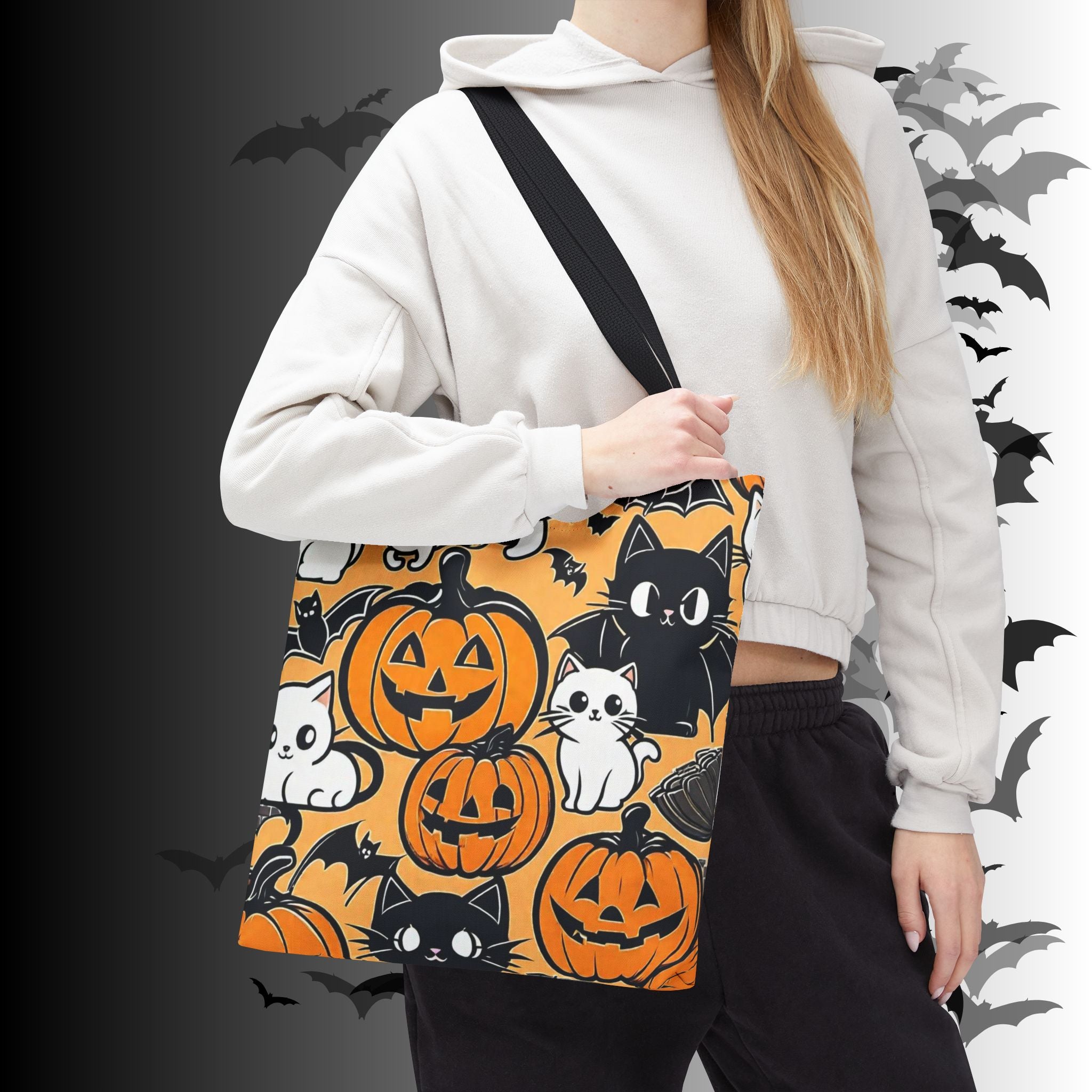 Kawaii Halloween Cat & Pumpkin Tote Bag — Spooky Cute Pattern