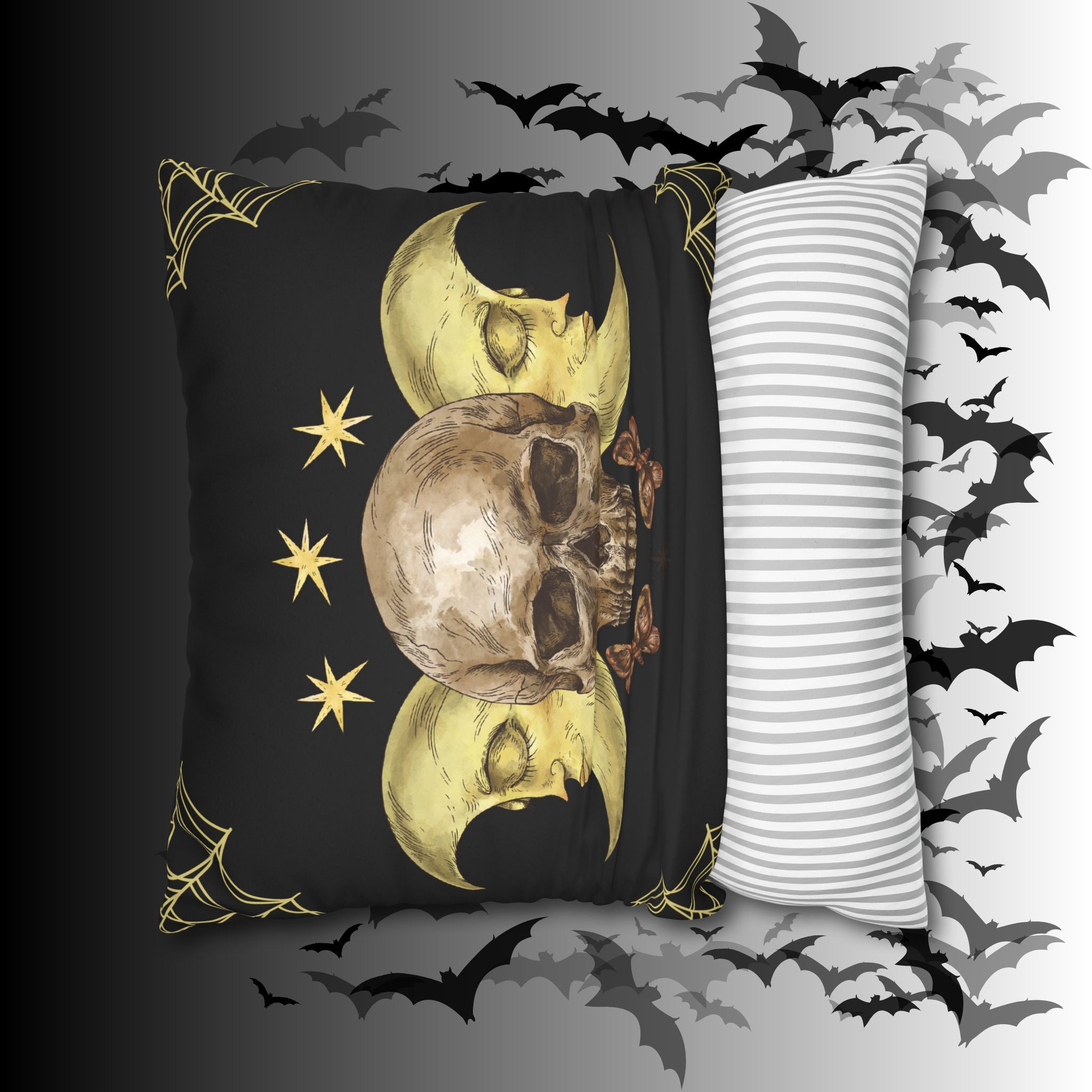 Gothic Moon Skull Throw Pillow — Celestial Dark Home Decor
