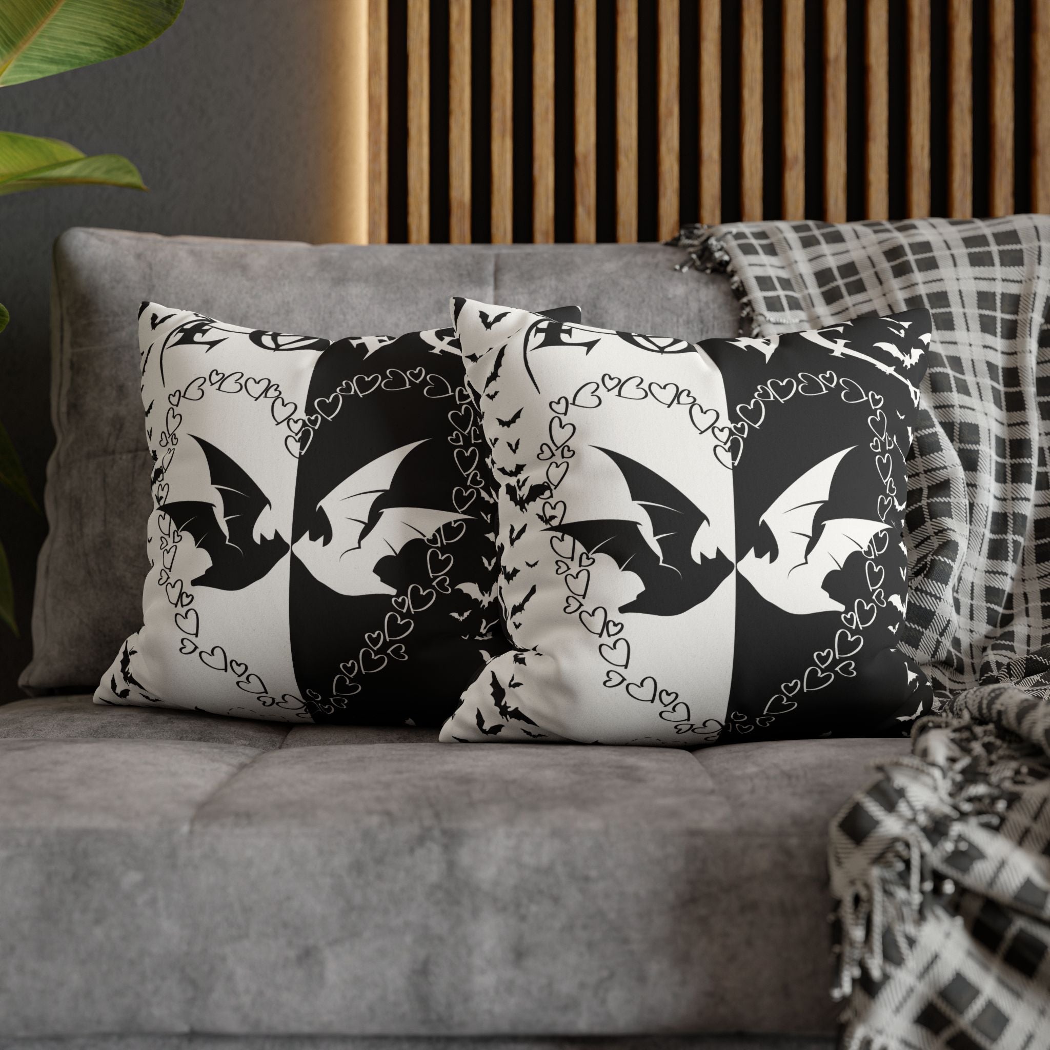 Gothic Bats Heart Throw Pillow — Black White Halloween Dark Home Decor