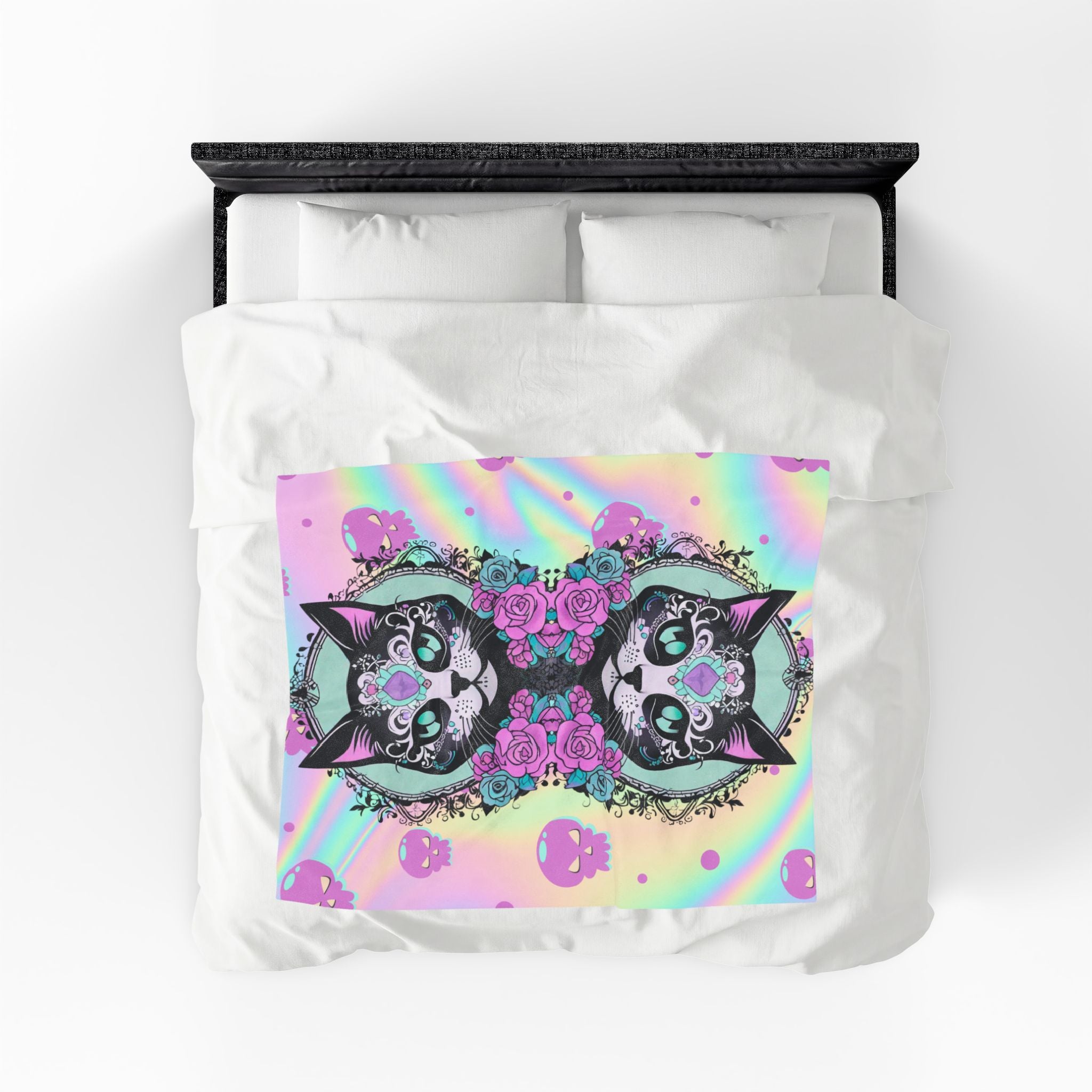 Pastel Goth Sugar Skull Cat Throw Blanket — Floral Gothic Home Decor