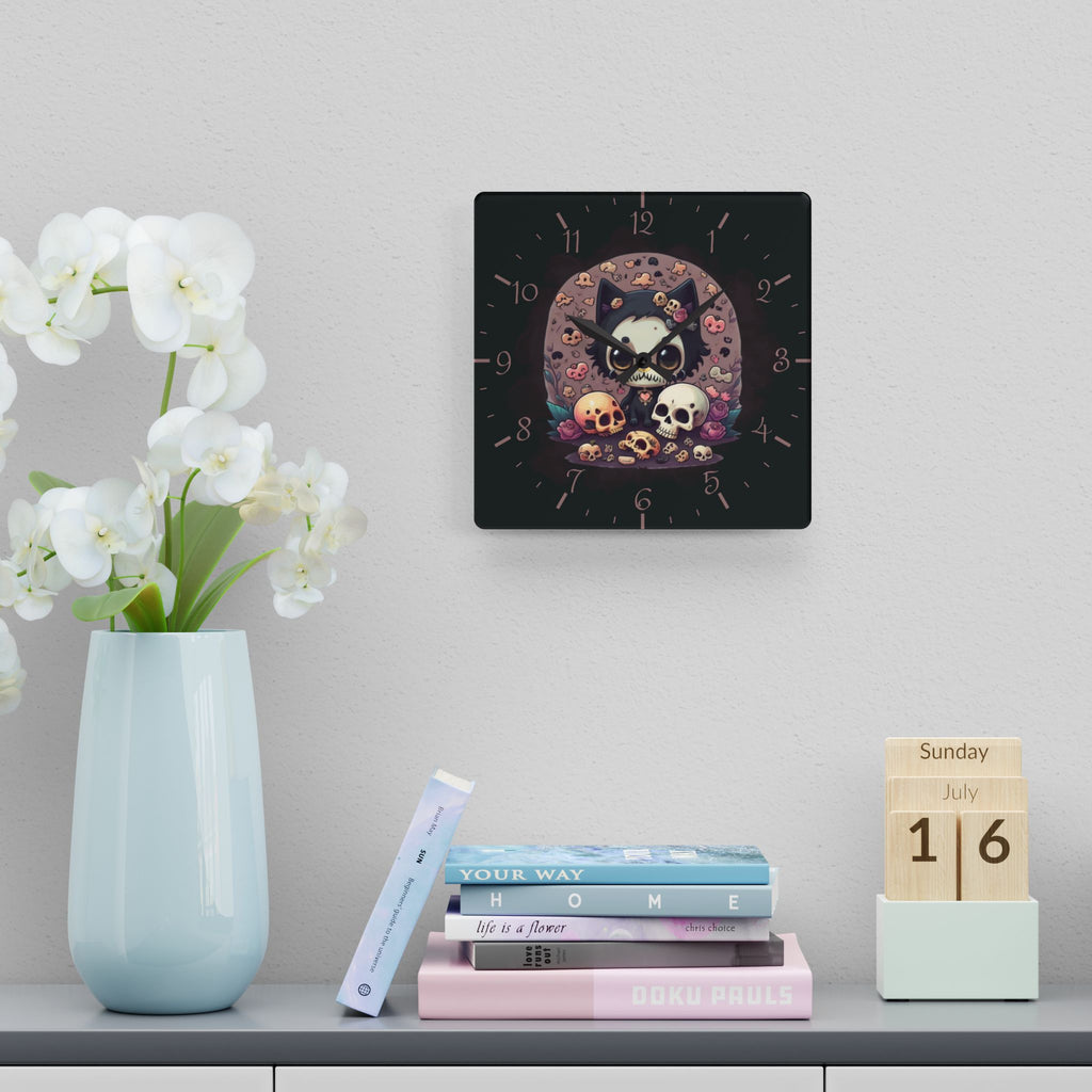 Skull Face Goth Cat Wall Clock — Pastel Goth Acrylic Art Print Home Decor