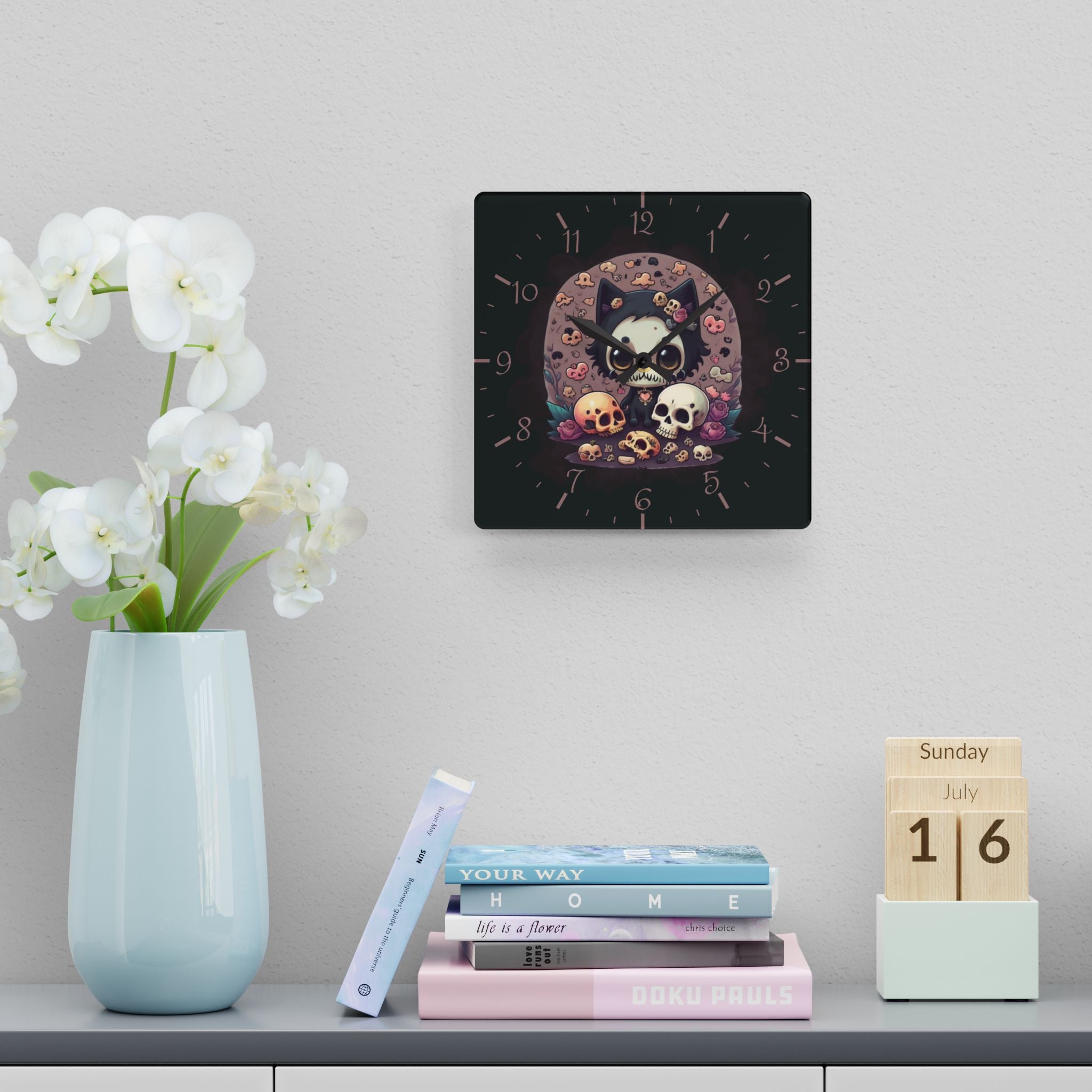 Skull Face Goth Cat Wall Clock — Pastel Goth Acrylic Art Print Home Decor