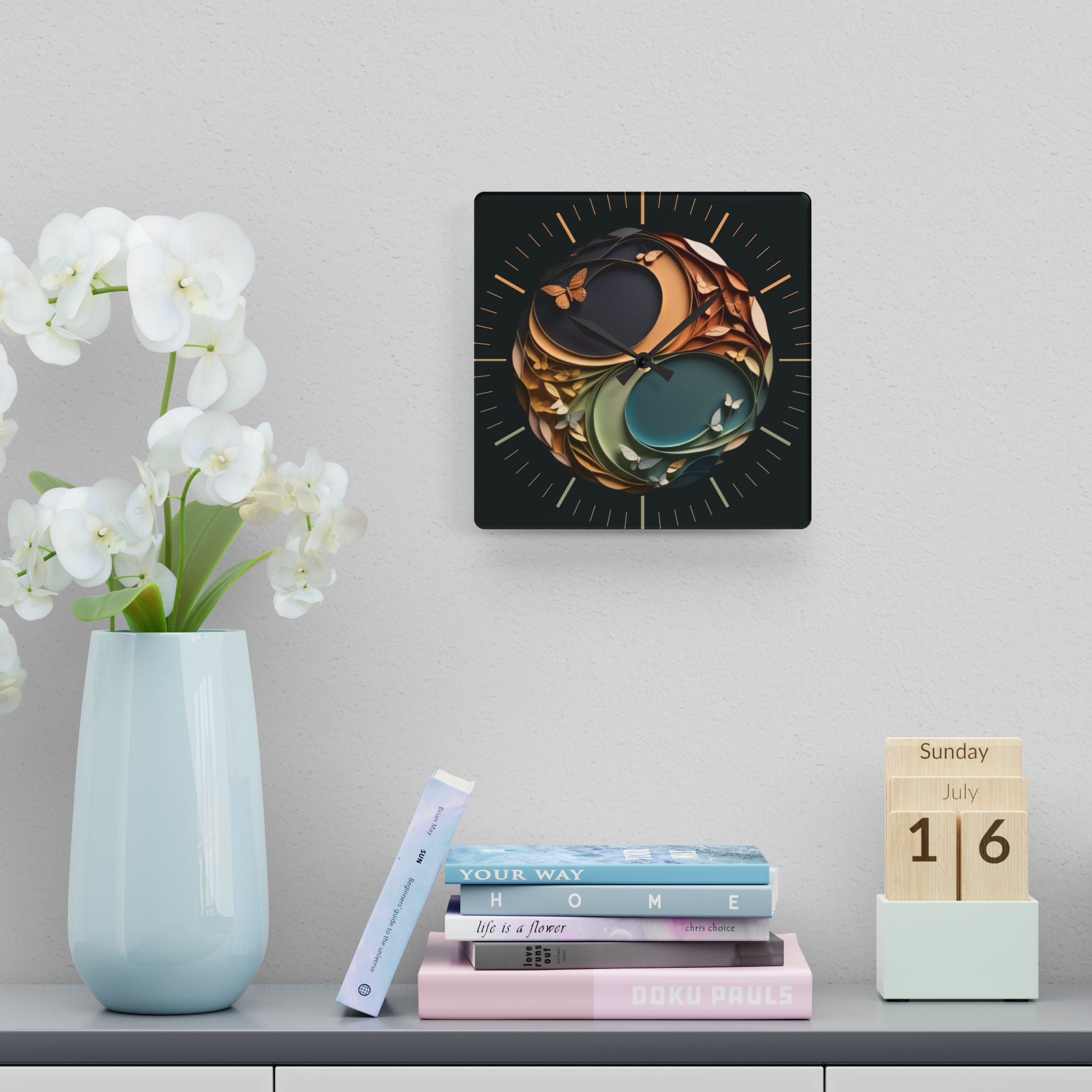 Origami Style Yin Yang Butterfly Acrylic Art Print Wall Clock — NOT Real Origami, Zen Home Decor
