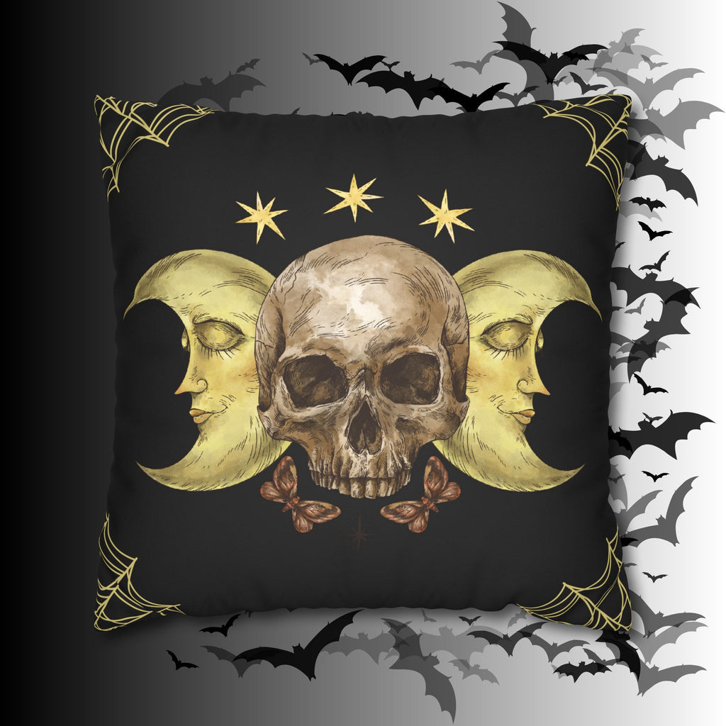 Gothic Moon Skull Throw Pillow — Celestial Dark Home Decor