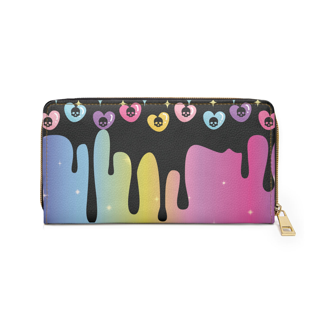 Pastel Goth Rainbow Drip Skull Heart Wallet | Colorful Faux Leather Zipper Clutch