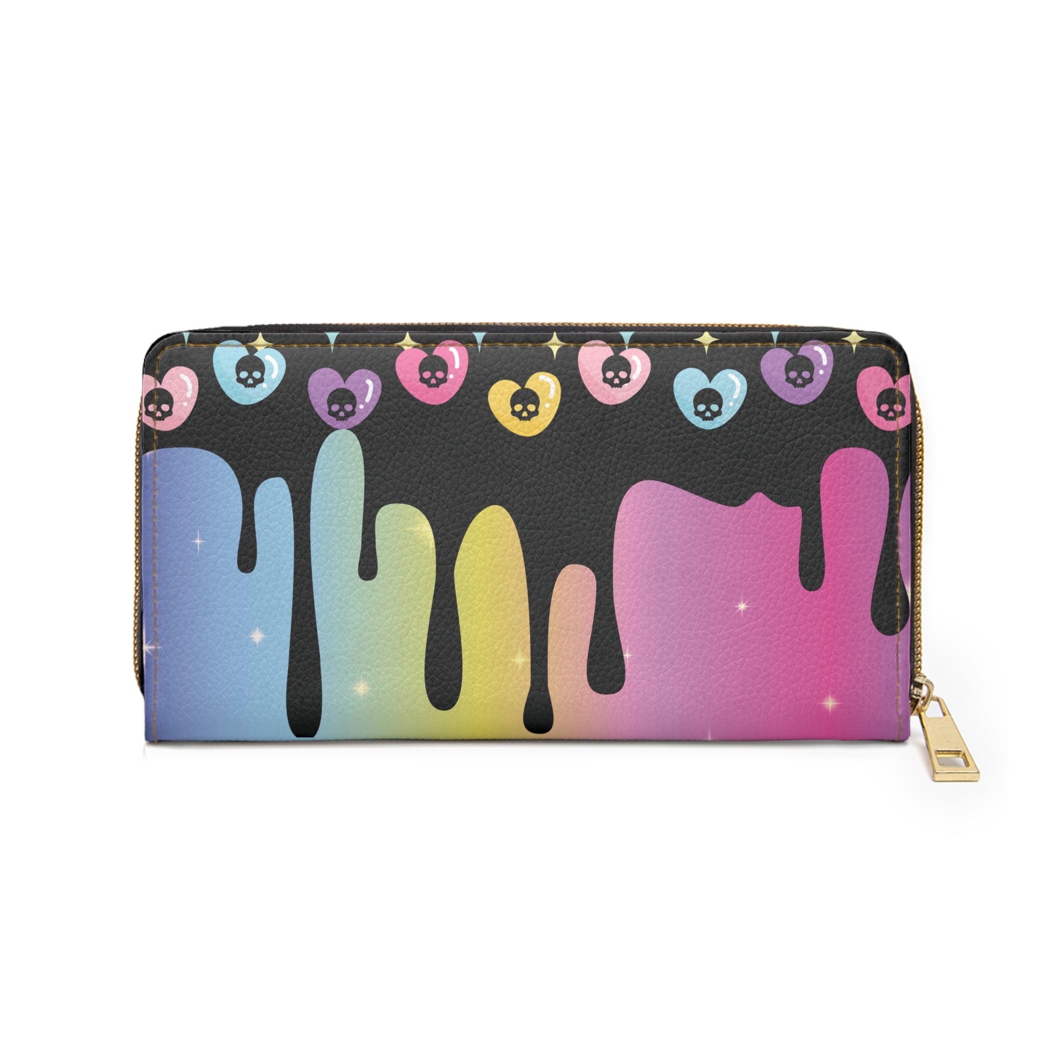 Pastel Goth Rainbow Drip Skull Heart Wallet | Colorful Faux Leather Zipper Clutch